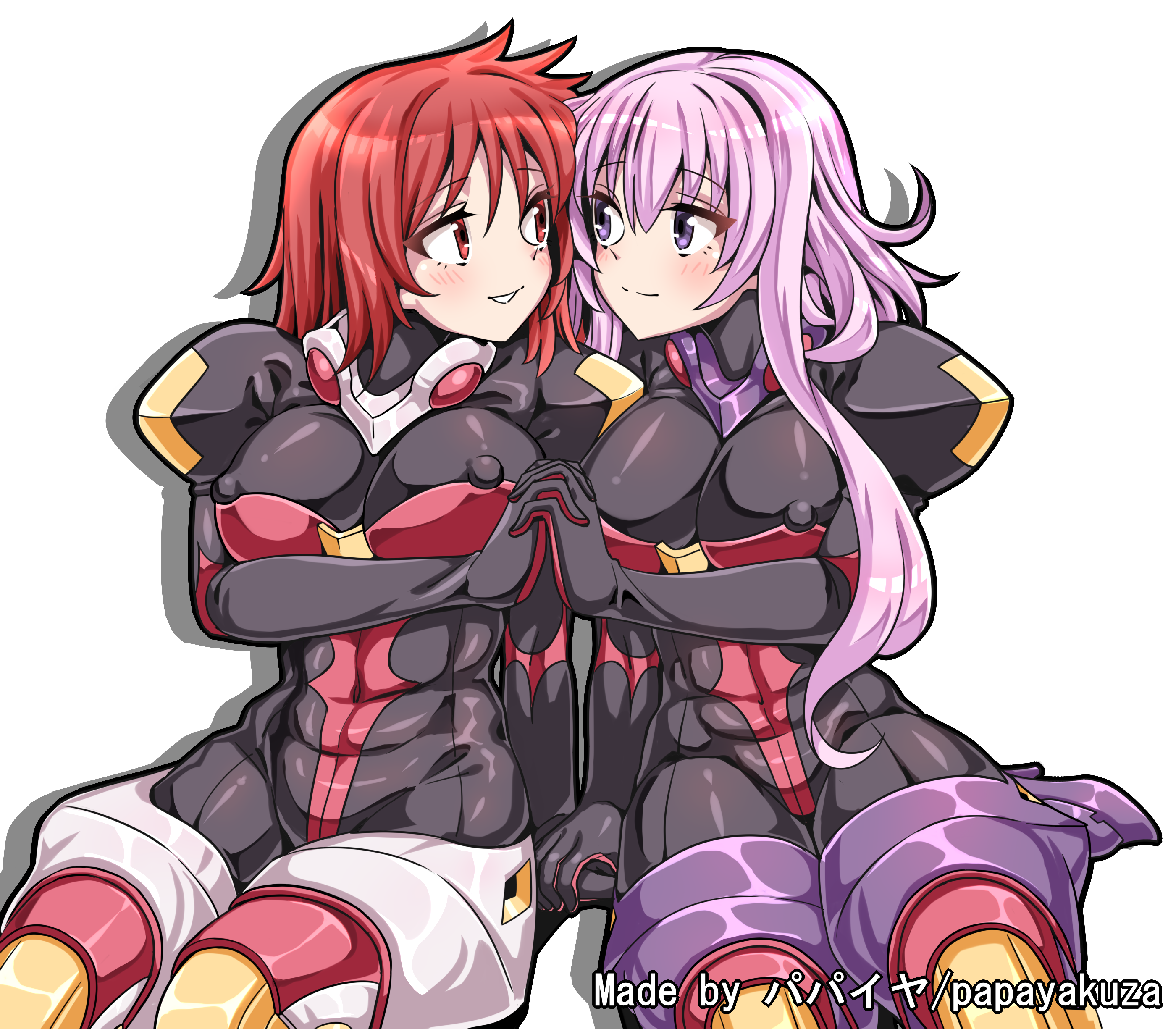 papayakuza, aphrodite (akihabara dennou gumi), hanakoganei hibari, ootorii tsubame, akihabara dennou gumi, absurdres, highres, 2girls, abs, armored bodysuit, black bodysuit, bodysuit, erinys (akihabara dennou gumi), holding hands, impossible bodysuit, impossible clothes, impossible leotard, leotard, multiple girls, purple eyes, red eyes, red hair, short hair, skin tight, smile, white hair, yuri