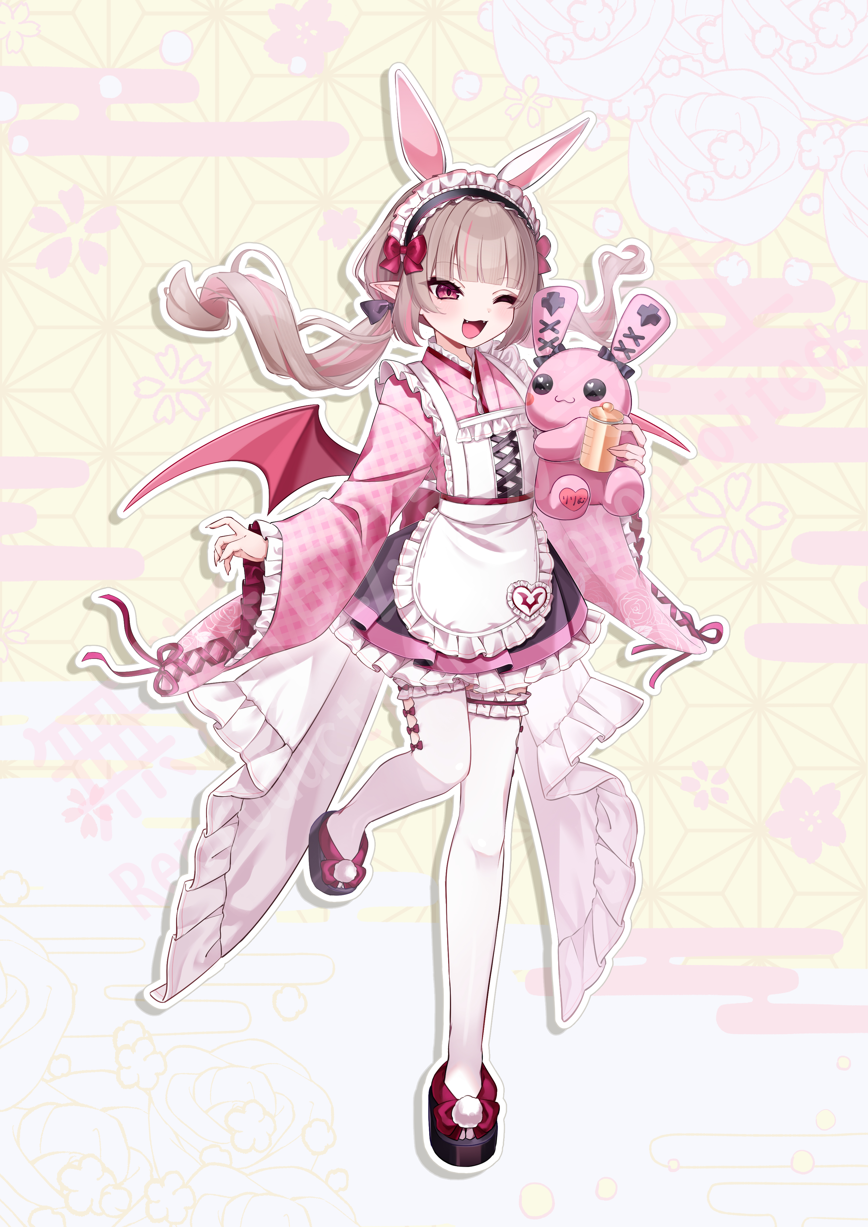 akimoto udon, makaino ririmu, nijisanji, absurdres, highres, 1girl, ;3, animal ears, apron, back bow, black bow, black skirt, blunt bangs, blush, bow, bow legwear, clothing cutout, colored inner hair, cross-laced clothes, cross-laced sleeves, demon wings, drop shadow, fake animal ears, fangs, floating hair, floral print, floral print kimono, footwear bow, frilled apron, frilled kimono, frilled skirt, frilled sleeves, frilled thighhighs, frills, full body, furisode sleeves, grey hair, holding, holding stuffed toy, japanese clothes, kimono, kimono skirt, long hair, long sleeves, low twintails, maid, maid apron, maid headdress, miniskirt, multicolored hair, official alternate costume, official alternate hairstyle, okobo, one eye closed, open mouth, outline, pink hair, pink kimono, pink trim, platform sandals, pleated skirt, pointy ears, pom pom footwear, print kimono, rabbit ears, red bow, red eyes, red wings, sandals, sidelocks, skirt, solo, standing, standing on one leg, streaked hair, stuffed animal, stuffed rabbit, stuffed toy, thigh cutout, thighhighs, twintails, virtual youtuber, wa maid, watermark, white apron, white outline, white thighhighs, wide sleeves, wings