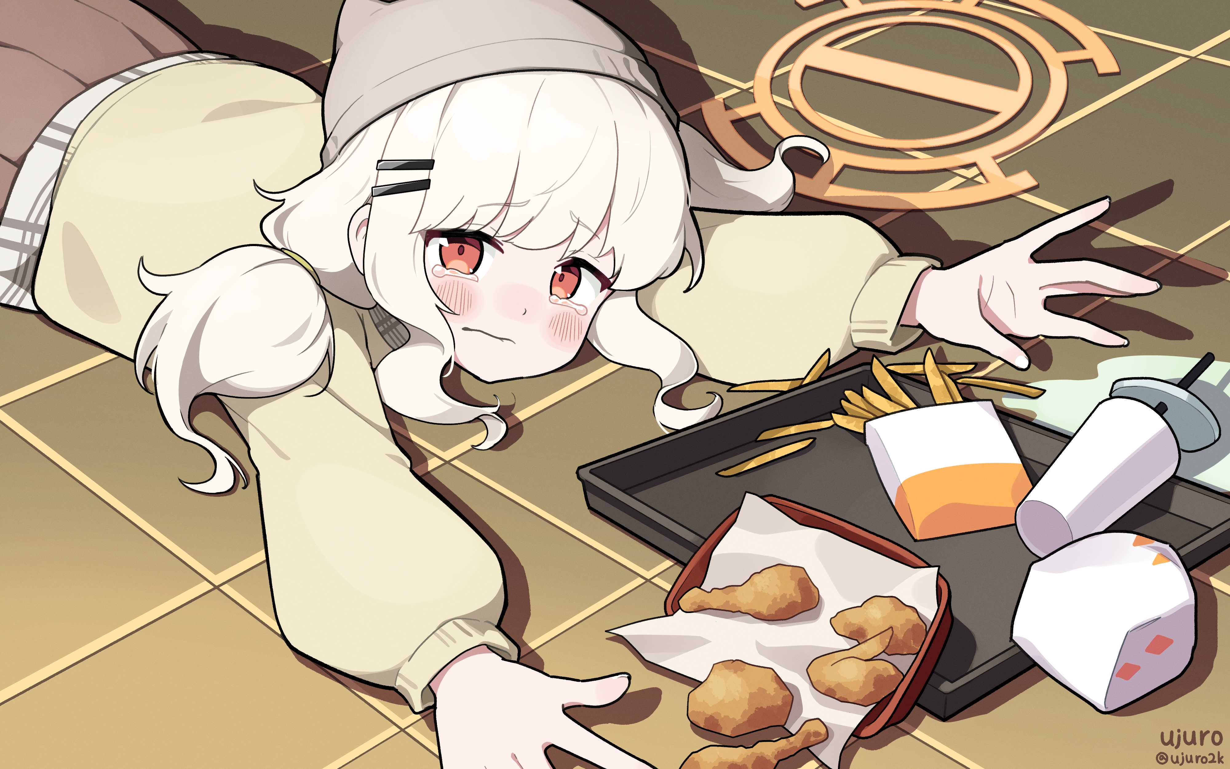 ujuro, aoba (blue archive), blue archive, absurdres, commentary request, highres, 1girl, animal hat, aoba (mom's touch) (blue archive), apu spills his tendies (meme), beanie, blush, burger, chicken (food), dropped food, fallen down, food, food on floor, fried chicken, grey hat, hair between eyes, hair over shoulder, halo, hat, long hair, long sleeves, looking at viewer, low twintails, meme, official alternate costume, official alternate hairstyle, puffy long sleeves, puffy sleeves, red eyes, sidelocks, solo, spill, teardrop, tray, twintails, white hair