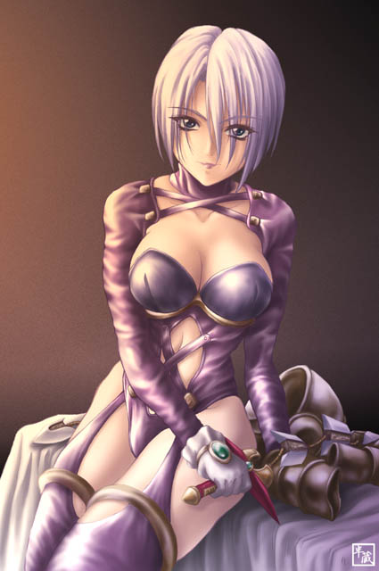 kagehara hanzou, isabella valentine, soul calibur, soulcalibur i, silver hair, 1girl, bed, bed sheet, breasts, brown background, cleavage, cleavage cutout, clothing cutout, corset, female focus, garter straps, large breasts, looking at viewer, on bed, purple eyes, purple thighhighs, short hair, simple background, sitting, solo, thighhighs, zettai ryouiki