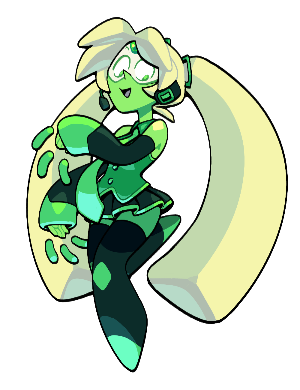 discount-supervillain, hatsune miku, peridot (steven universe), steven universe, vocaloid, highres, 1girl, alien, alternate costume, bare shoulders, blonde hair, colored skin, cosplay, detached sleeves, face shield, forehead jewel, full body, gem, green eyes, green skin, hair ornament, hatsune miku (cosplay), headset, long hair, necktie, open mouth, shirt, simple background, skirt, sleeveless, sleeveless shirt, smile, solo, thighhighs, twintails, very long hair