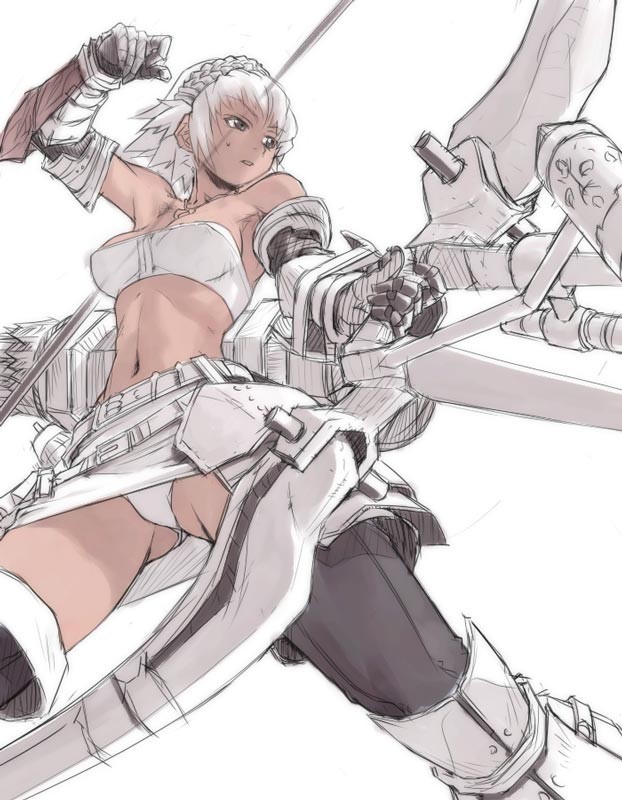 sun-3, archer (fate), capcom, fate (series), monster hunter (series), 1girl, armor, armpits, arrow (projectile), bandeau, bare shoulders, bow (weapon), breasts, brown eyes, elbow gloves, female focus, foreshortening, from below, gloves, hairband, marksman, midriff, navel, panties, pantyshot, short hair, simple background, sketch, solo, strapless, sweat, thighhighs, thighs, tube top, underwear, weapon, white background, white hair, white theme