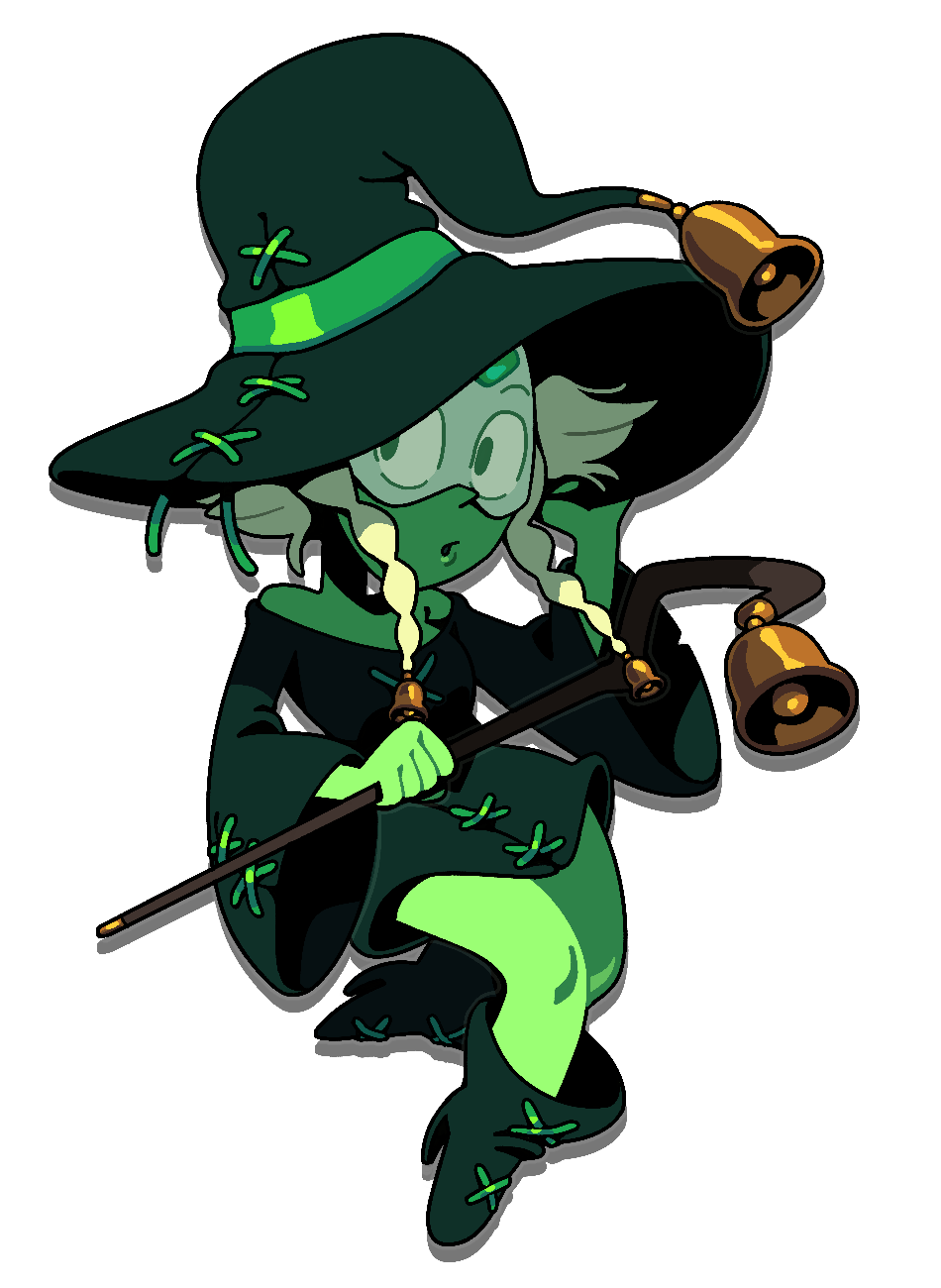 discount-supervillain, peridot (steven universe), steven universe, highres, 1girl, alien, alternate costume, bell, blonde hair, boots, breasts, colored skin, face shield, forehead jewel, full body, gem, green skin, hat, holding, holding staff, solo, staff, witch, witch hat