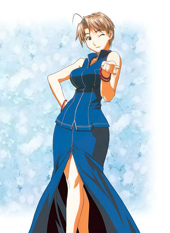 akamatsu ken, uno makoto, konno mitsune, love hina, 1girl, ahoge, bare shoulders, bracelet, breasts, brown hair, come hither, crossed legs, female focus, grey eyes, grey hair, hand on own hip, hip focus, jewelry, large breasts, long skirt, one eye closed, parted bangs, short hair, skirt, sleeveless, solo, standing, wide hips, wink, zipper