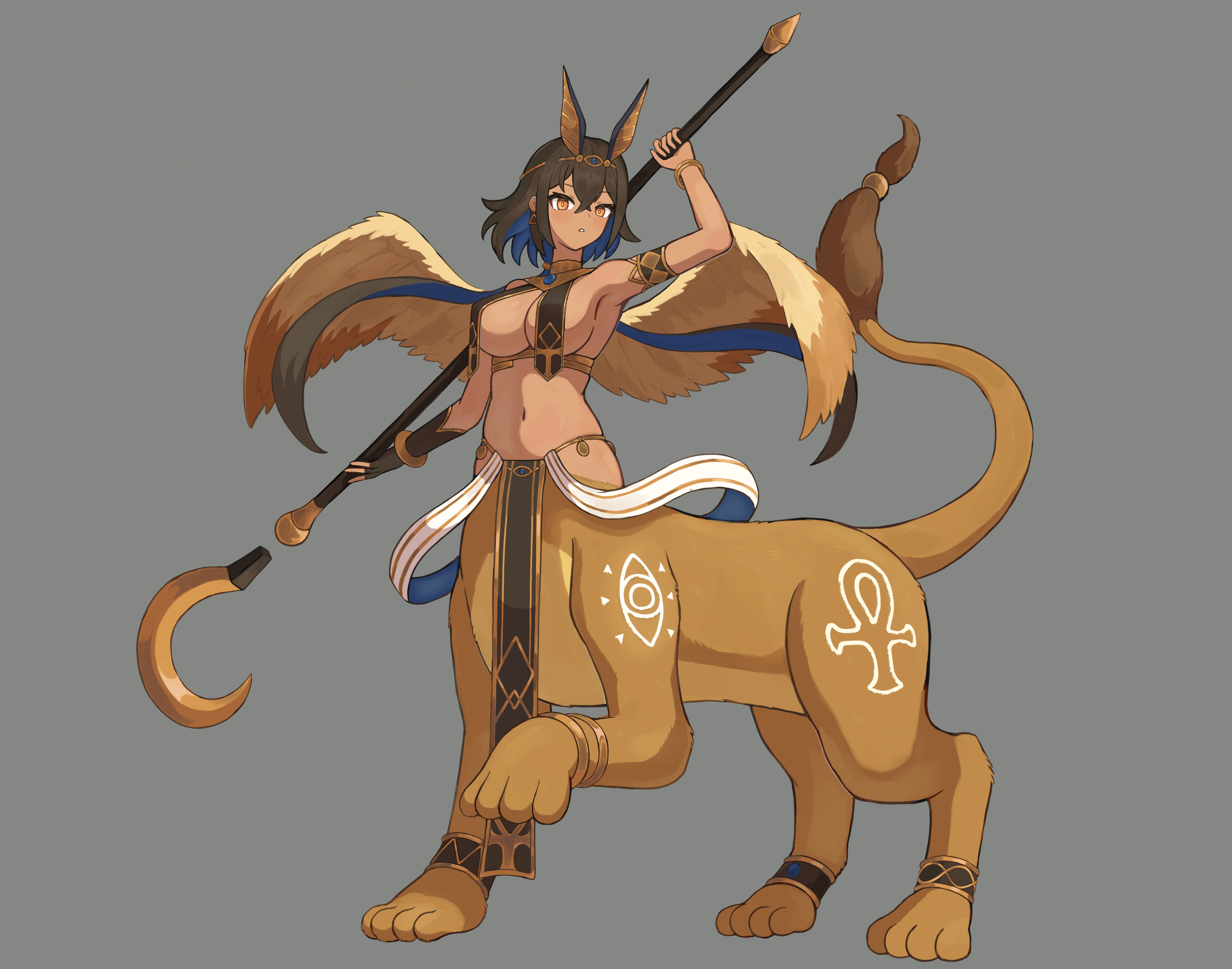original, gold collar, absurdres, commentary request, highres, 1girl, ankh, ankh tattoo, anklet, arm up, armlet, armpits, bare shoulders, black gloves, blue hair, bracelet, breast curtains, breasts, brown eyes, brown hair, centauroid, circlet, cleavage, colored inner hair, crossed bangs, dark-skinned female, dark skin, earrings, elbow gloves, feathered wings, fingerless gloves, full body, fur-tipped tail, gloves, grey background, hair between eyes, holding, holding staff, jewelry, large breasts, light blush, lion tail, looking at viewer, monster girl, multicolored hair, navel, parted lips, pelvic curtain, scallop (weda7333), short hair, sidelocks, simple background, single elbow glove, single fingerless glove, solo, sphinx, staff, standing, standing on three legs, stomach, tail, tattoo, taur, triangle earrings, two-tone hair, underbust, usekh collar, wings