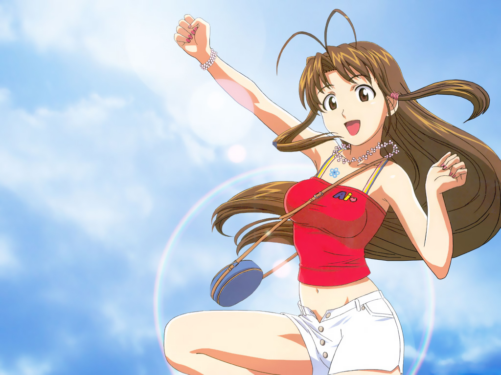 akamatsu ken, uno makoto, narusegawa naru, love hina, 1girl, :d, ahoge, antenna hair, bracelet, breasts, brown eyes, brown hair, female focus, happy, jewelry, midriff, nail polish, navel, open mouth, pink nails, smile, solo