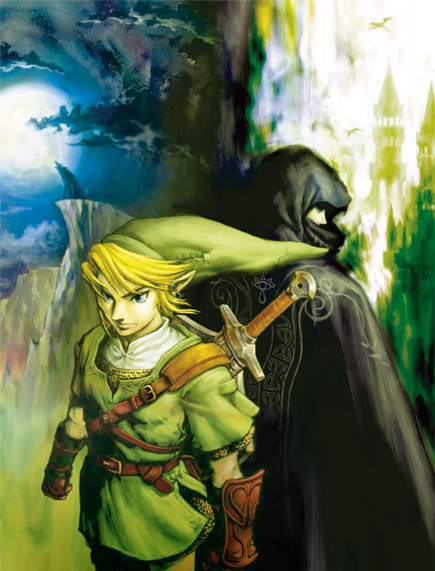 link, princess zelda, nintendo, the legend of zelda, the legend of zelda: twilight princess, 1boy, 1girl, belt, blonde hair, blue eyes, full moon, gloves, hat, moon, pointy ears, shield, shield on back, sword, weapon