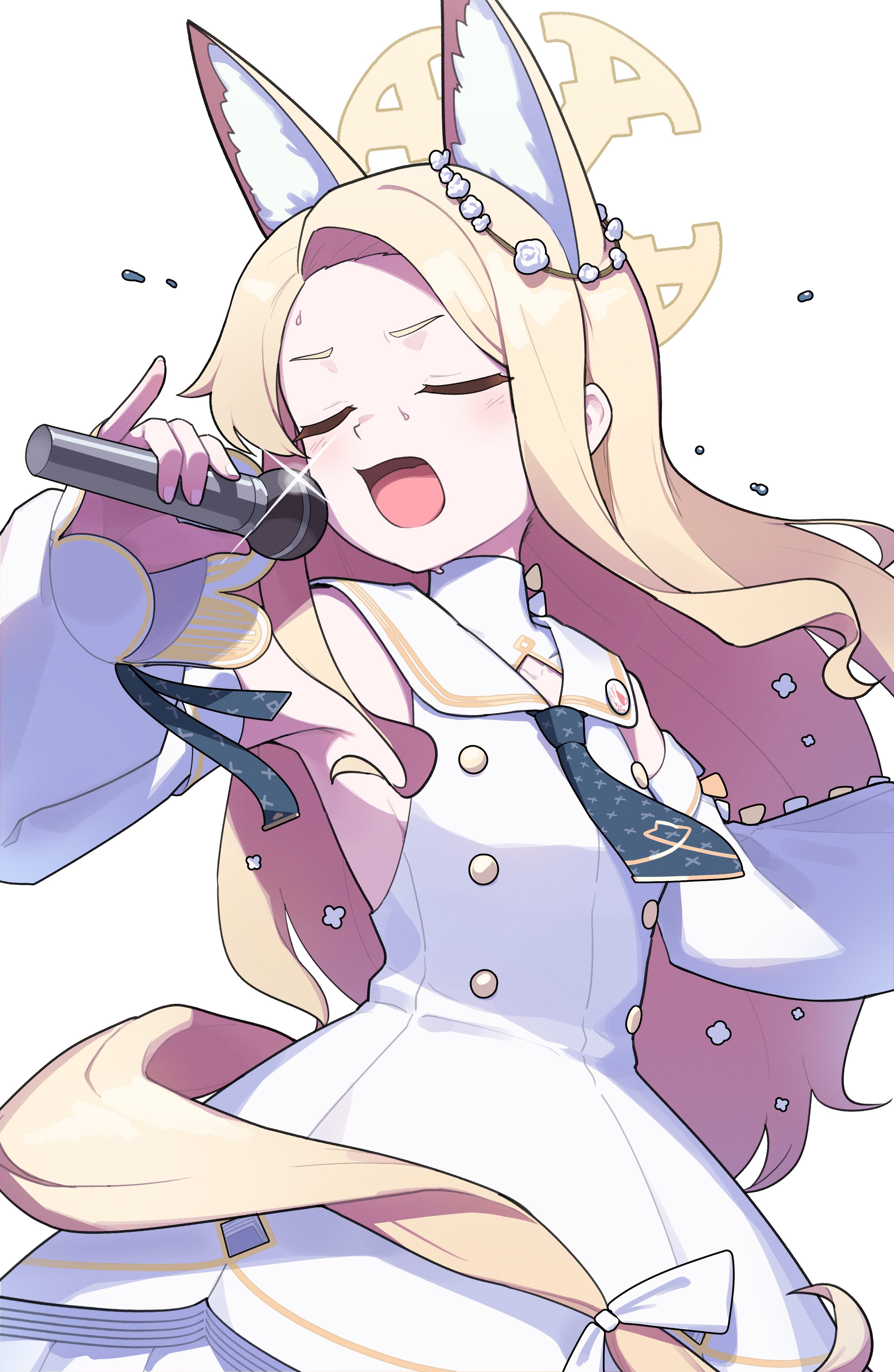 ujuro, seia (blue archive), blue archive, absurdres, commentary request, highres, 1girl, animal ear fluff, animal ears, armpits, black necktie, blonde hair, bow, buttons, closed eyes, collarbone, cowboy shot, detached sleeves, dress, extra ears, flower, fox ears, fox girl, fox tail, hair flower, hair ornament, halo, holding, holding microphone, karaoke, long hair, long sleeves, looking at viewer, microphone, music, necktie, parted bangs, ribbon, sailor collar, sailor dress, school uniform, sidelocks, simple background, singing, solo, tail, tail bow, tail ornament, tail ribbon, turtleneck, white background, white sailor collar, wide sleeves, wireless microphone, yellow halo