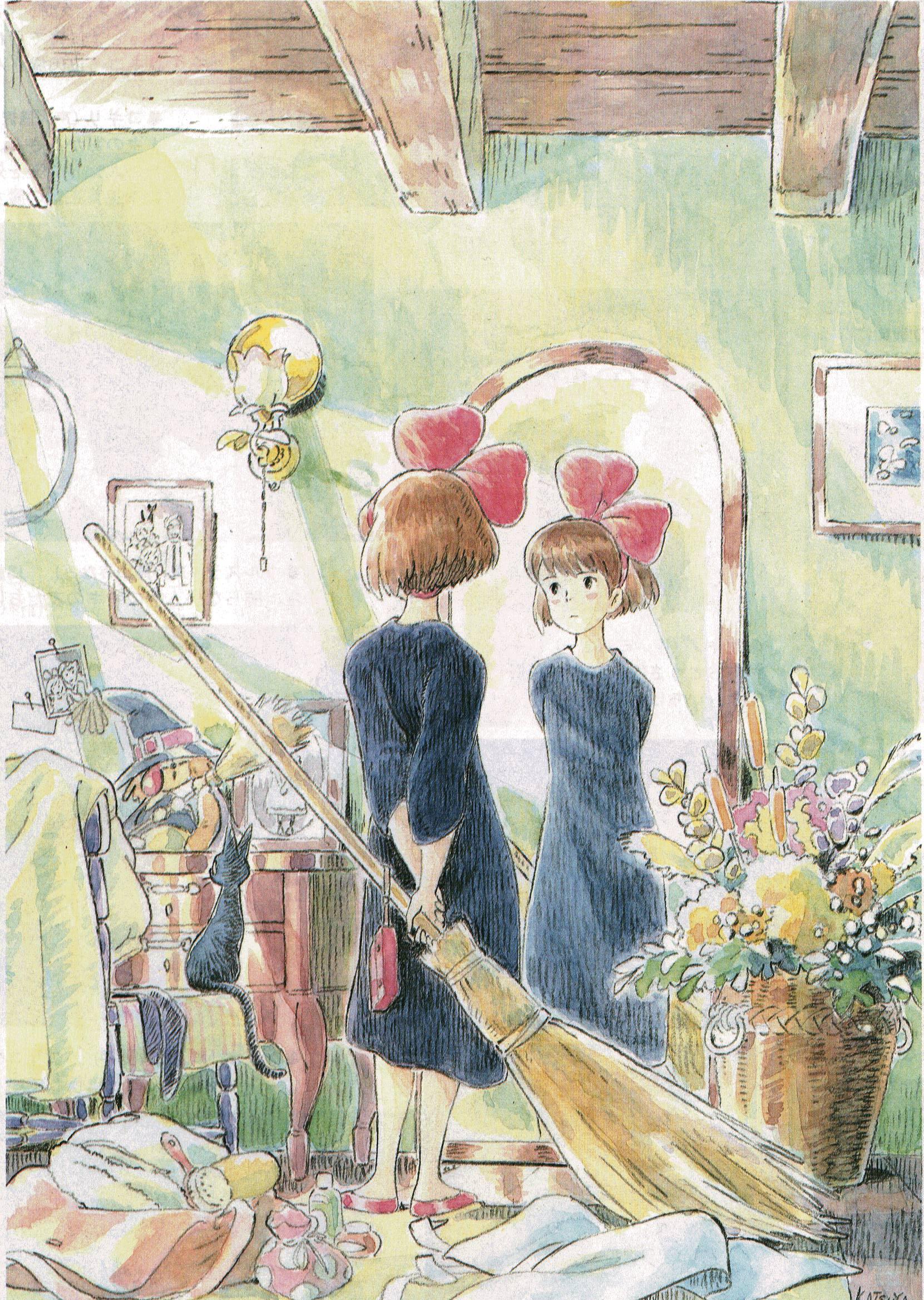 miyazaki hayao, jiji (majo no takkyuubin), kiki (majo no takkyuubin), majo no takkyuubin, studio ghibli, 1980s (style), highres, official art, 1girl, black cat, black theme, bow, broom, brown hair, cat, female focus, flower, hair bow, hairband, mirror, oldschool, retro artstyle, robe, slice of life, solo, witch