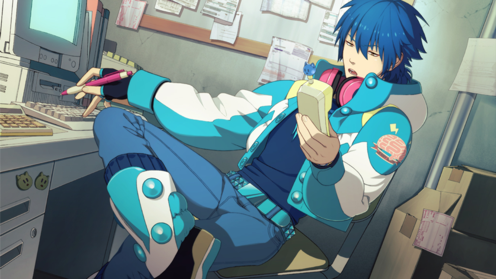seragaki aoba, dramatical murder, nitro+ chiral, game cg, official art, 1boy, annoyed, artist glove, blue hair, blue jacket, blue pants, blue sweater, box, brick phone, calculator, cardboard box, computer keyboard, denim, hair between eyes, headphones, headphones around neck, holding, holding pen, hood, hood down, hooded jacket, jacket, jeans, male focus, medium hair, monitor, open mouth, pants, pen, solo, sweater, yellow eyes