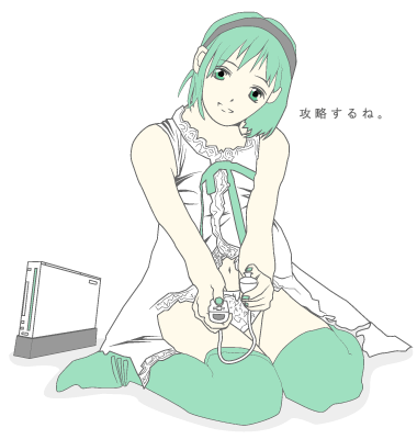 lowres, 1girl, female focus, game console, green eyes, green hair, hairband, matching hair/eyes, solo, thighhighs, thighs, transparent background, wii