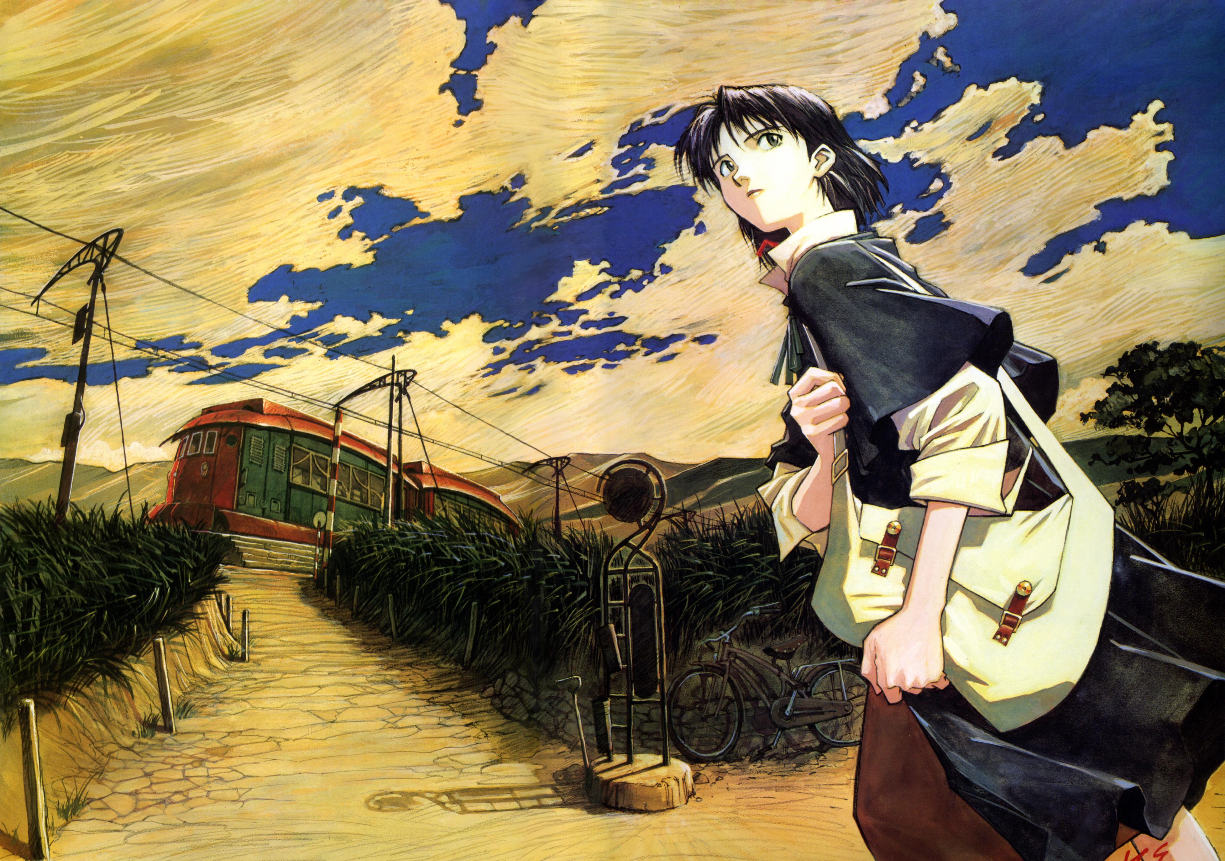 sadamoto yoshiyuki, riquinni nonderaiko, honneamise no tsubasa, absurdres, highres, scan, bag, cloud, holding, holding bag, outdoors, popped collar, short hair, shoulder bag, sky, sleeves rolled up, solo, standing, train