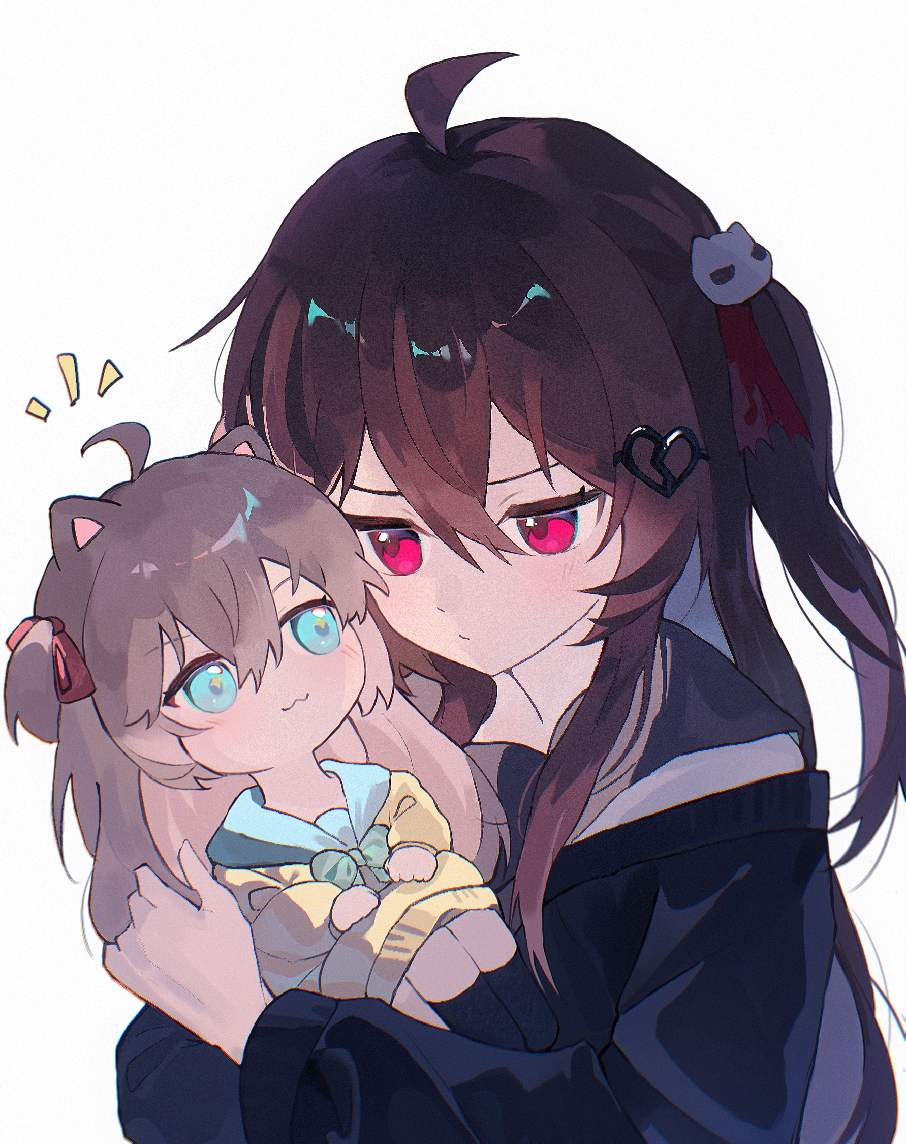 pinkpink939, evil neuro-sama, neuro-sama, commentary, commission, english commentary, highres, second-party source, ahoge, animal ears, black cardigan, black sailor collar, black socks, blue eyes, blue sailor collar, brown hair, cardigan, carrying, carrying person, cat ears, chibi, dress shirt, from side, hair between eyes, hair ornament, hair ribbon, long hair, long sleeves, off-shoulder cardigan, red eyes, red ribbon, ribbon, sailor collar, shirt, siblings, simple background, sisters, skull hair ornament, socks, twins, two side up, upper body, vedal ai, virtual youtuber, white background, white shirt, yellow cardigan