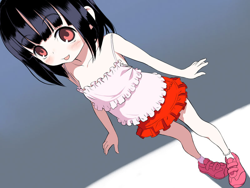 royalwatts, original, 1girl, black hair, blush, camisole, fashion, female focus, pink shoes, red eyes, shoes, short hair, skirt, solo
