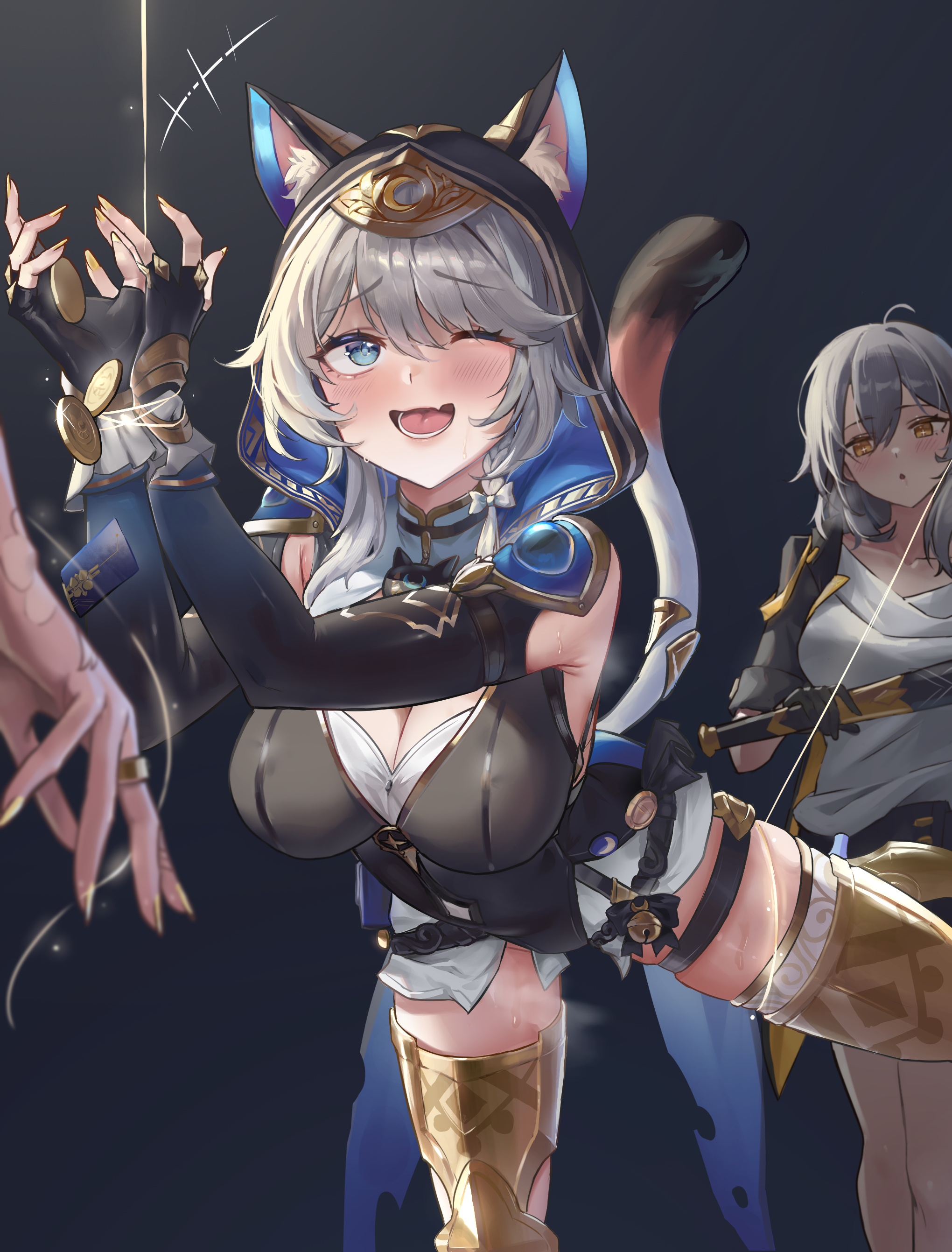 hasu no shiro, aglaea (honkai: star rail), cipher (honkai: star rail), stelle (honkai: star rail), trailblazer (honkai: star rail), honkai: star rail, honkai (series), absurdres, commentary request, highres, 3girls, animal ears, animal hood, baseball bat, bdsm, black background, black gloves, black jacket, black leotard, blonde hair, bondage, boots, bound, breasts, cat ears, cat girl, cat hood, cat tail, cleavage, fingerless gloves, gloves, gold boots, grey hair, holding, holding baseball bat, hood, jacket, large breasts, leotard, medium hair, multiple girls, one eye closed, open mouth, shirt, short hair with long locks, tail, thighs, thread, white shirt