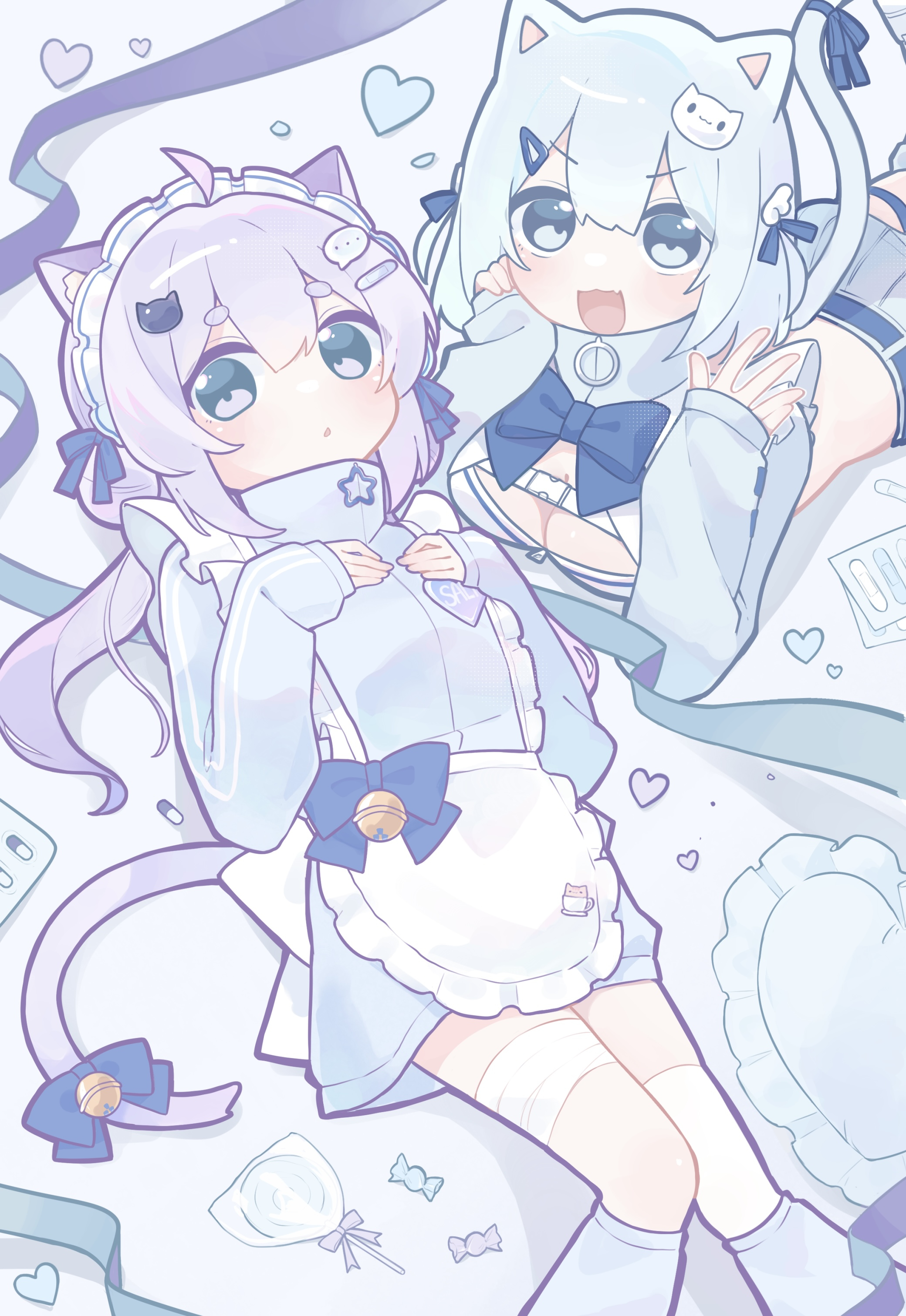 u0, maimai (game), absurdres, highres, 2girls, animal ears, apron, bandaged leg, bandages, bell, blue bow, blue bowtie, blue jacket, bow, bowtie, breasts, cat ears, cat girl, cat tail, cleavage, cleavage cutout, clothing cutout, frills, hair ornament, heart, jacket, jersey, jersey maid, jingle bell, looking at viewer, lying, maid, maid headdress, milk (maimai), multiple girls, open mouth, purple hair, salt (maimai), smile, tail, track jacket, track suit, unconventional maid, virtual youtuber, white apron