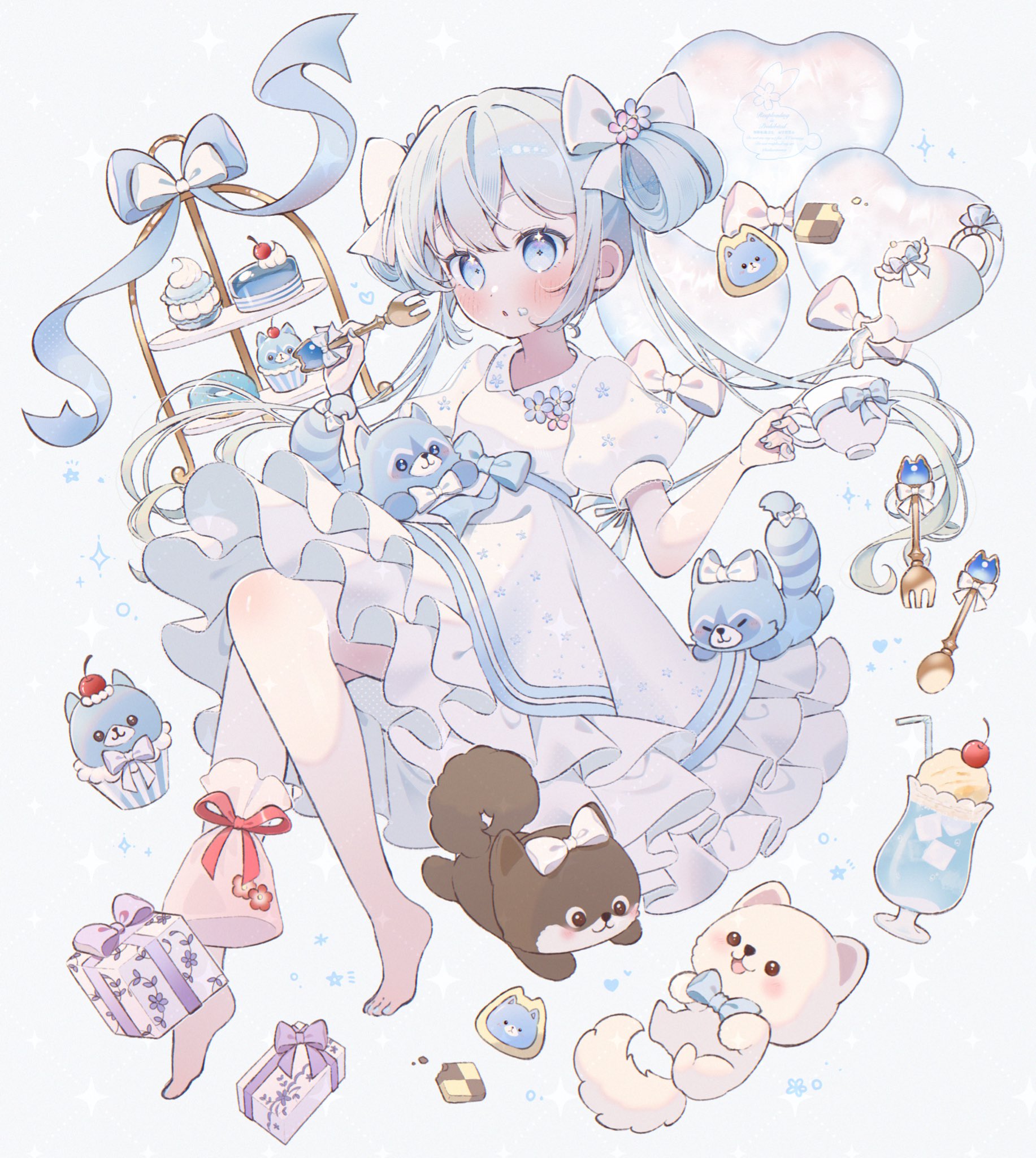 sakuranoron, suzushima arisu, ongeki, highres, 1girl, balloon, barefoot, blue eyes, blue hair, blush, bow, box, cake, checkerboard cookie, cookie, cup, cupcake, dog, dress, drink, food, food on face, fork, full body, gift, gift box, heart balloon, holding, holding cup, holding fork, long hair, macaron, puffy short sleeves, puffy sleeves, short sleeves, solo, teacup, teapot, white dress