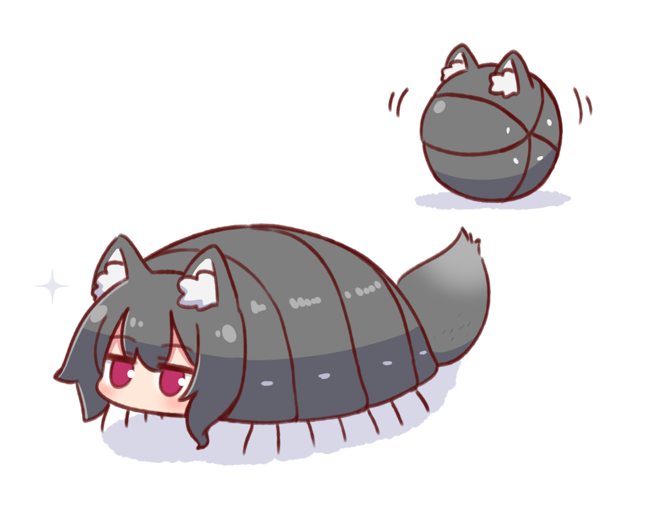 naga u, kemomimi-chan (naga u), original, commentary request, revision, 1girl, animal ear fluff, animal ears, fox ears, fox tail, grey hair, hair between eyes, jitome, multiple views, no mouth, pillbug, red eyes, simple background, tail, white background