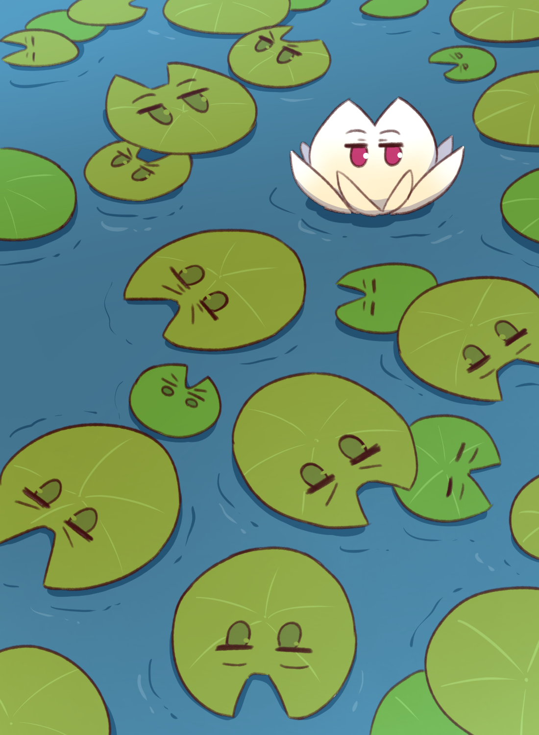 naga u, kemomimi-chan (naga u), original, commentary request, highres, revision, animal ears, closed eyes, day, flower, jitome, lily pad, outdoors, red eyes, ripples, v-shaped eyebrows, water, white flower
