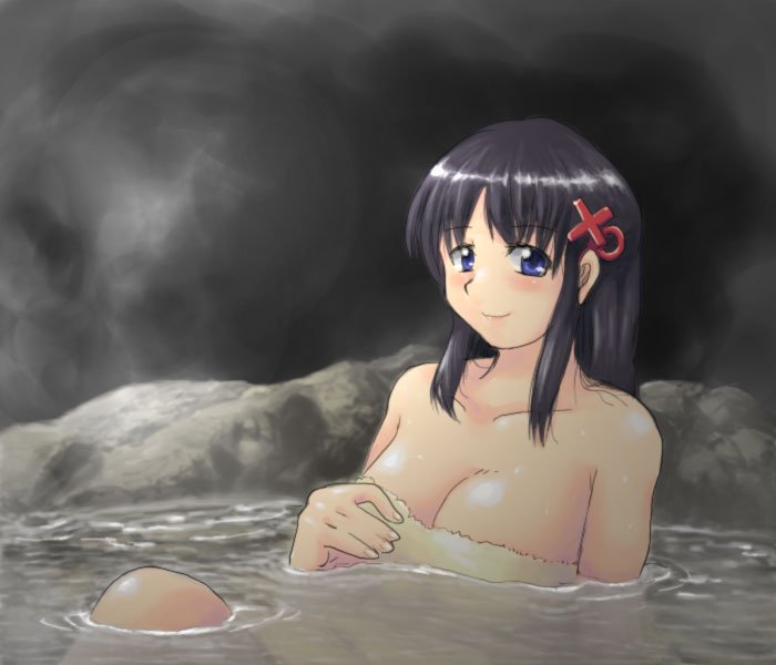 mogera, mogera3, xp-tan, os-tan, 1girl, black hair, breasts, cleavage, female focus, large breasts, light smile, long hair, looking at viewer, onsen, sidelocks, solo
