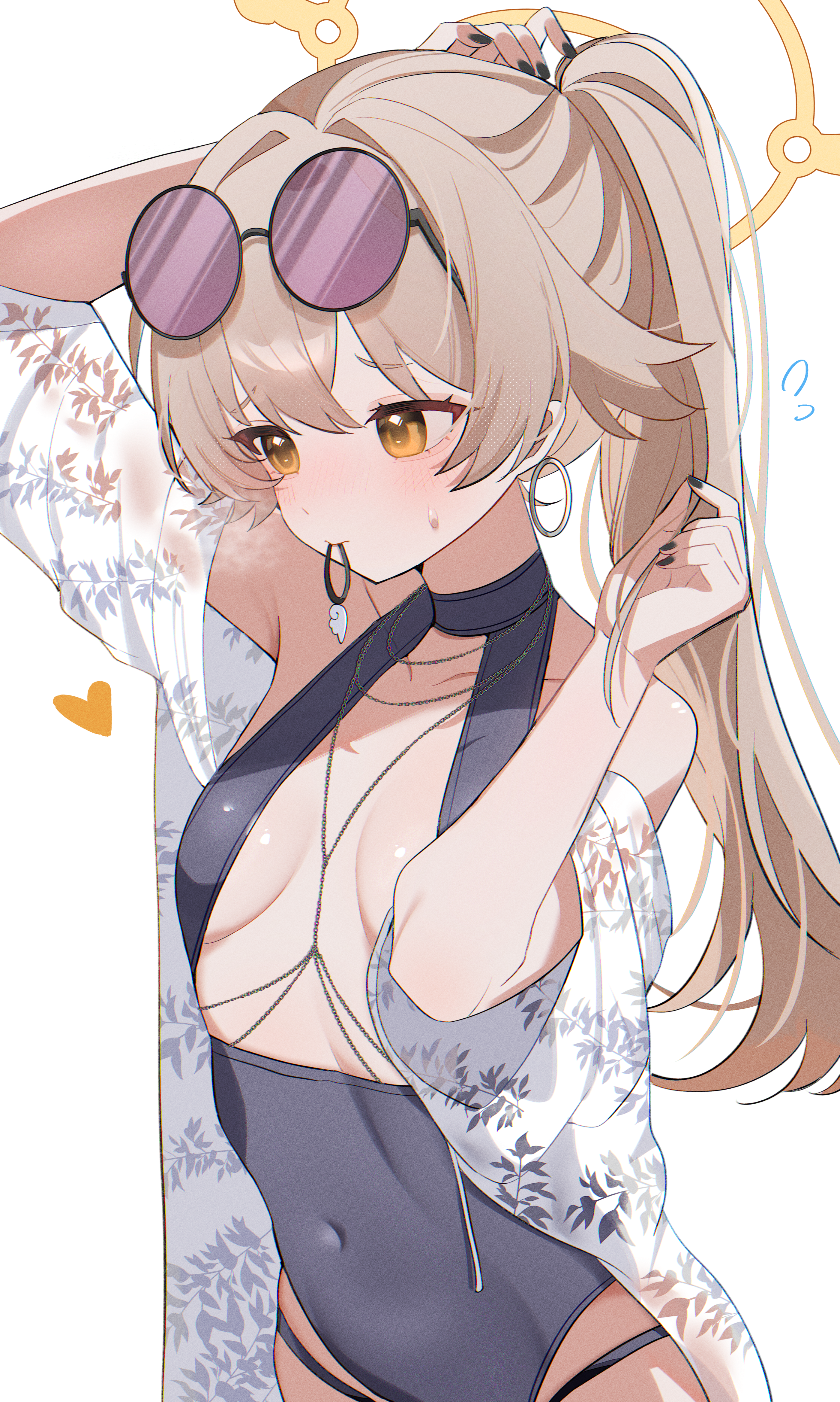 shusuchii, hifumi (blue archive), nagisa (blue archive), nagisa (swimsuit) (blue archive), blue archive, absurdres, commentary, highres, symbol-only commentary, 1girl, breasts, cosplay, eyewear on head, halo, long hair, nagisa (blue archive) (cosplay), official alternate costume, simple background, solo, sunglasses, swimsuit, white background