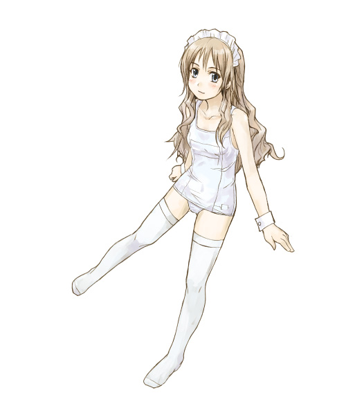 amagai tarou, original, 1girl, female focus, legs, maid, one-piece swimsuit, school swimsuit, solo, swimsuit, thighhighs, white one-piece swimsuit, white school swimsuit, white thighhighs