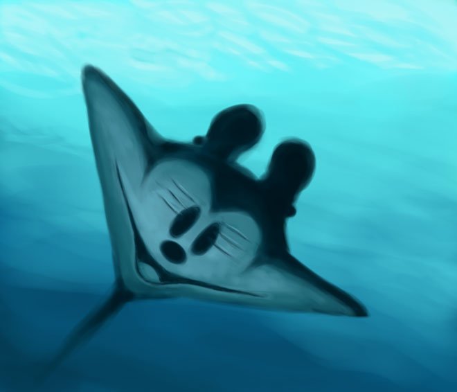mogera, mogera3, mickey mouse, disney, mickey mouse & friends, :d, animal, blue theme, full body, looking back, manta ray, monochrome, no humans, open mouth, smile, smiley face, underwater, water