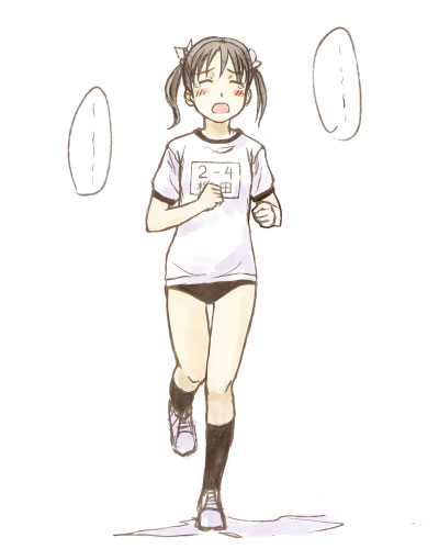 amagai tarou, original, lowres, 1girl, buruma, female focus, gym uniform, running, short twintails, socks, solo, twintails