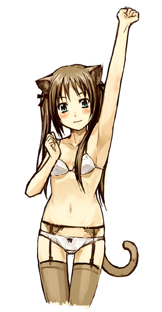 amagai tarou, original, 1girl, animal ears, armpits, blush, bra, brown hair, cat ears, cat tail, female focus, garter belt, lingerie, long hair, panties, solo, tail, thighhighs, underwear, underwear only