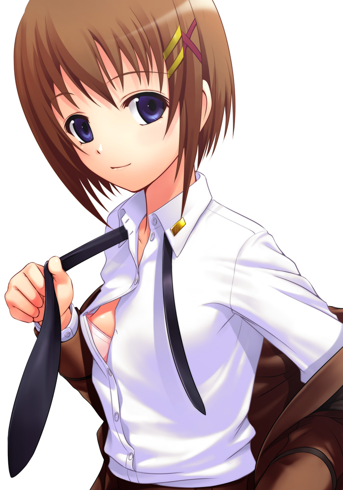 40010prototype, yagami hayate, lyrical nanoha, mahou shoujo lyrical nanoha, mahou shoujo lyrical nanoha strikers, 00s, 1girl, blue eyes, bra, breasts, brown hair, female focus, hair ornament, jacket, lingerie, necktie, nipple slip, nipples, open clothes, open shirt, ribbon, shirt, short hair, small breasts, solo, underwear, undressing, x hair ornament