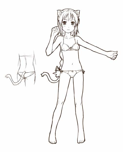 amagai tarou, original, 1girl, animal ears, barefoot, bow, bow panties, bra, braid, female focus, greyscale, legs, lingerie, monochrome, navel, panties, side-tie panties, sketch, solo, tail, underwear, underwear only