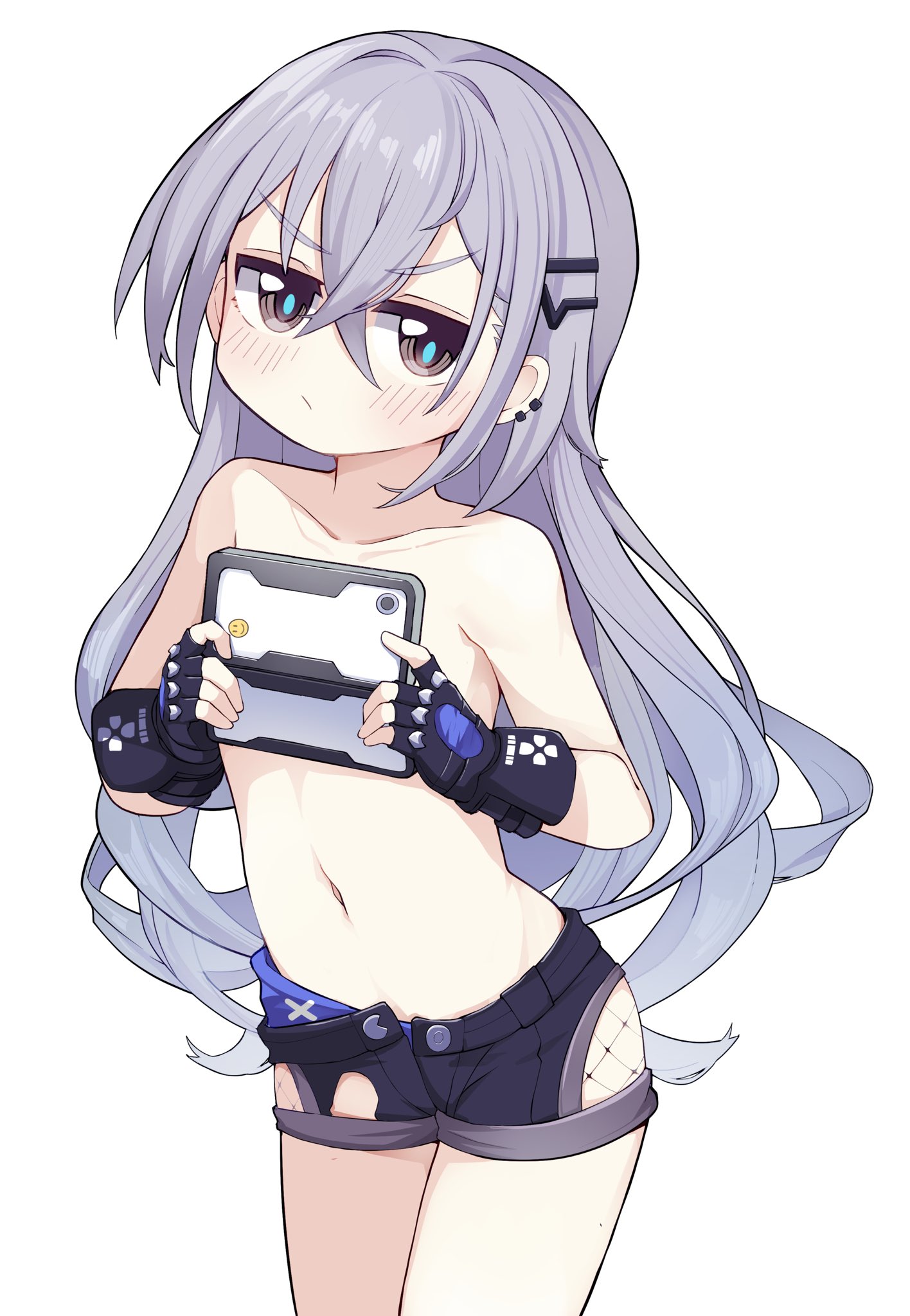 xtacy, silver wolf (honkai: star rail), honkai: star rail, honkai (series), commentary, english commentary, highres, 1girl, black gloves, black shorts, blue panties, blue pupils, blush, fingerless gloves, gloves, grey eyes, grey hair, hair between eyes, handheld game console, holding, holding handheld game console, long hair, looking at viewer, navel, panties, short shorts, shorts, simple background, solo, standing, topless female, underwear, white background