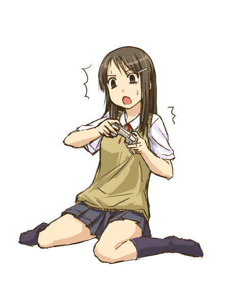 amagai tarou, original, 1girl, ^^^, brown hair, controller, female focus, game controller, gamepad, hair ornament, hairclip, playing games, school uniform, serafuku, sitting, socks, solo, sweatdrop, video game, wariza
