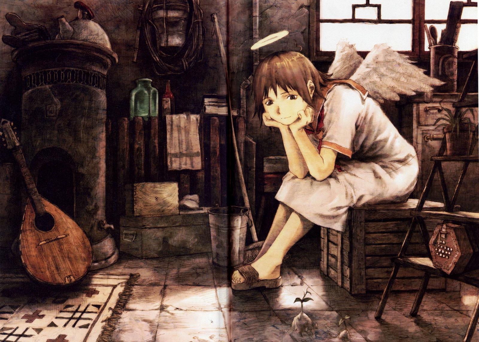 abe yoshitoshi, rakka (haibane renmei), haibane renmei, highres, 00s, 1girl, angel, angel wings, concertina, female focus, halo, instrument, kettle, lute (instrument), mandolin, school uniform, serafuku, solo, traditional halo, wings