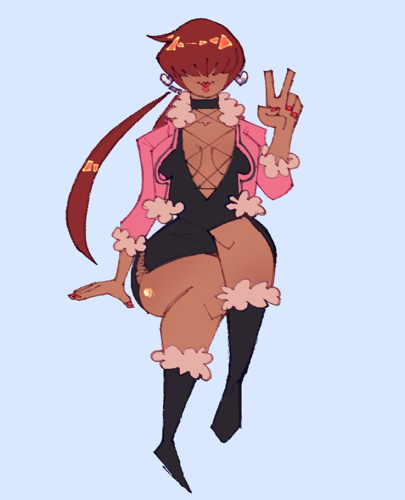 1shermieaday, shermie (kof), the king of fighters, 1girl, boots, breasts, cleavage cutout, clothing cutout, curvy, dark-skinned female, dark skin, dress, earrings, female focus, fishnets, fluffy, hand up, heart, huge breasts, jacket, jewelry, large breasts, long hair, marellartt, no bra, ponytail, red hair, skirt, tan, thick thighs, thighs, wide hips