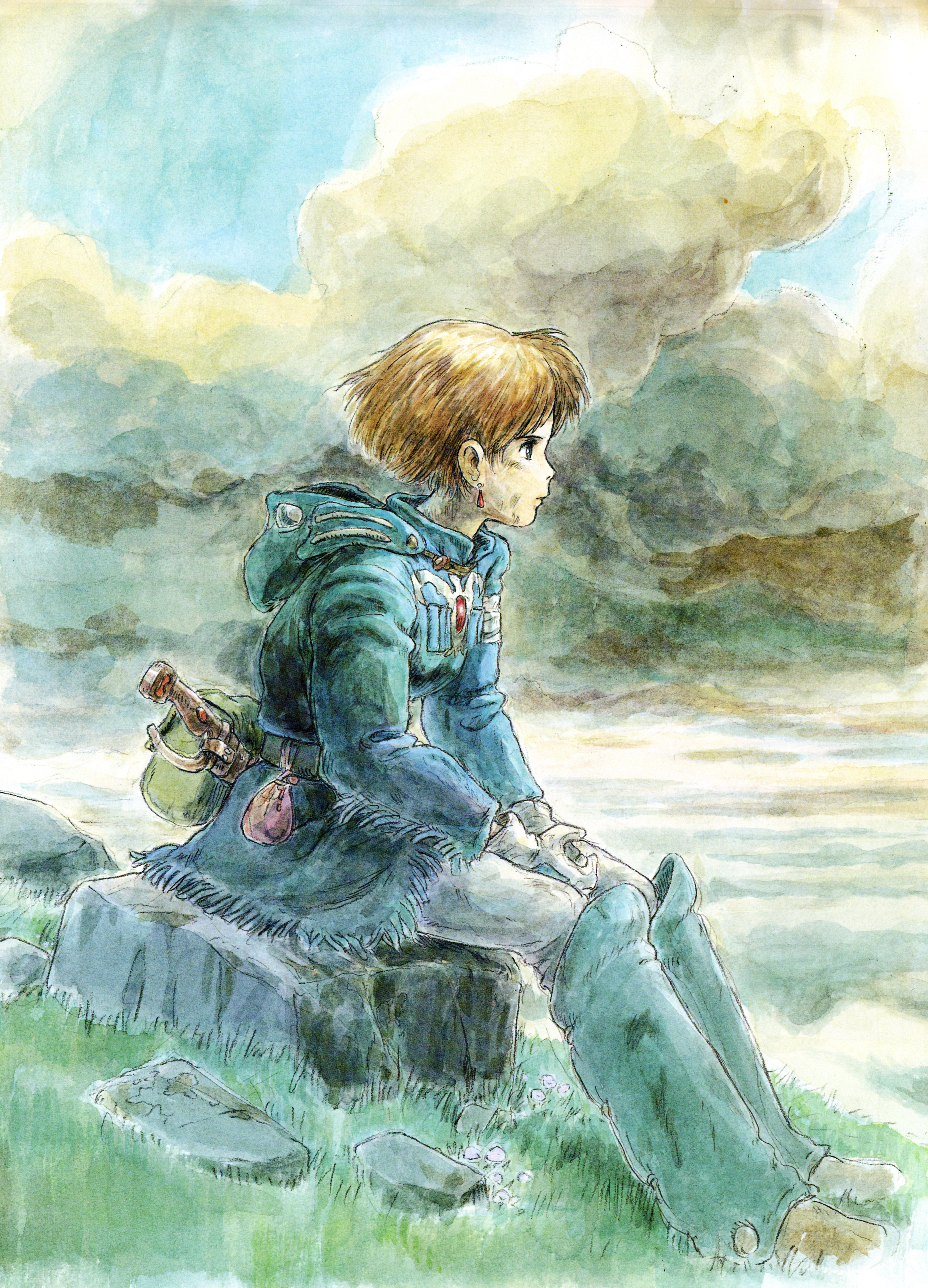 miyazaki hayao, nausicaa, kaze no tani no nausicaa, studio ghibli, 1980s (style), absurdres, highres, official art, 1girl, armor, earrings, female focus, greaves, jewelry, oldschool, retro artstyle, short hair, sitting, solo