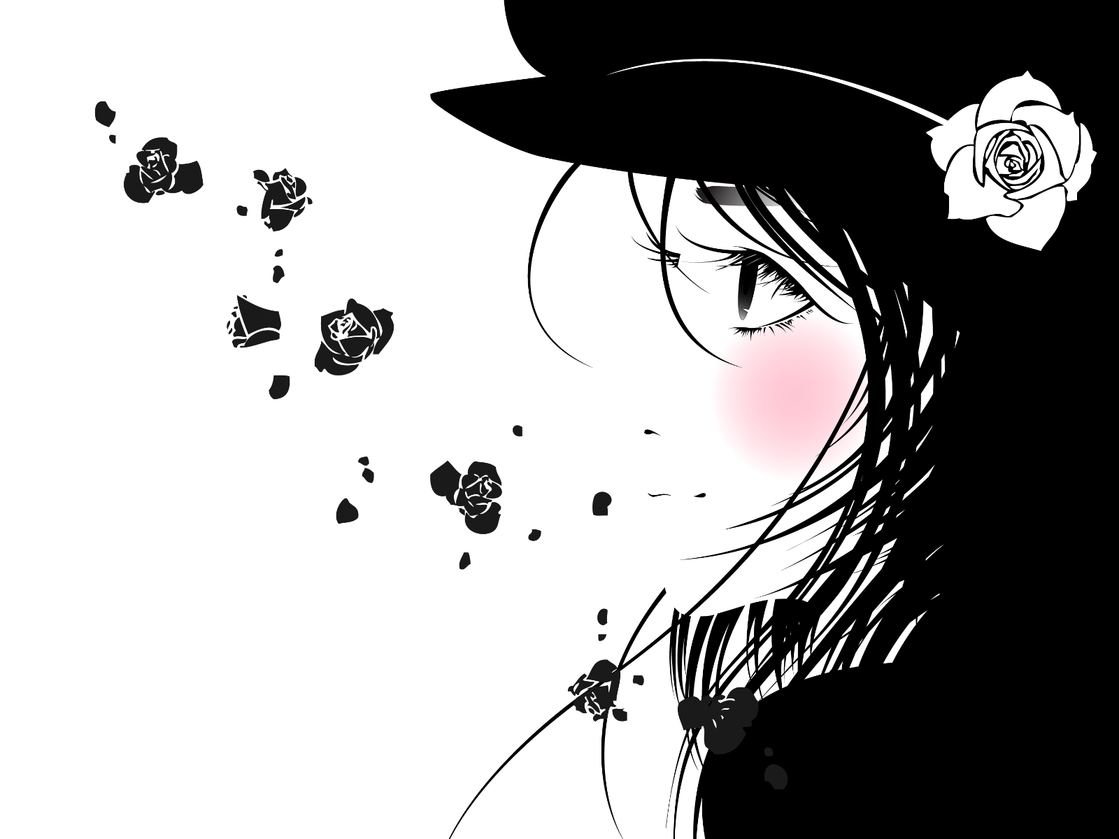 artist request, highres, 1girl, blush, female focus, flower, hat, high contrast, monochrome, newsboy cap, no lineart, petals, pink theme, profile, rose, solo, spot color