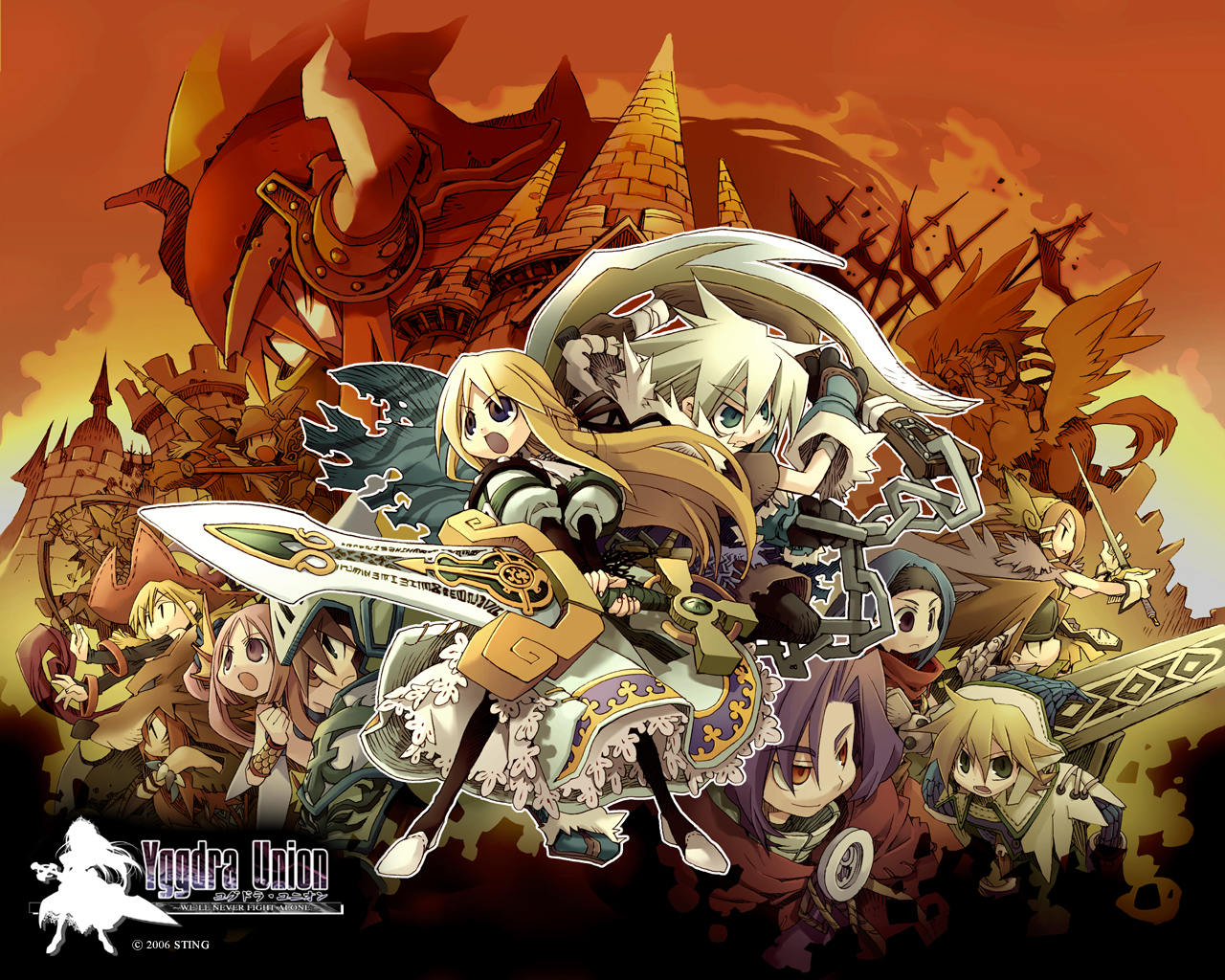 kiyuzuki satoko, cruz (yggdra union), durant, durant (yggdra union), elena (yggdra union), gulcasa (yggdra union), kylier (yggdra union), milanor (yggdra union), nietzsche (yggdra union), russell (yggdra union), yggdra yuril artwaltz, nintendo, pokemon, yggdra union, 6+girls, armor, armored boots, armored dress, blonde hair, blue eyes, boots, breastplate, dragon, dress, everyone, fins, full armor, full body, gen 5 pokemon, head fins, holding, holding weapon, huge weapon, long hair, monster, multiple girls, pokemon (creature), sharp teeth, shoulder pads, silhouette, standing, teeth, text focus, thigh boots, thighhighs, unsheathed, very long hair, weapon