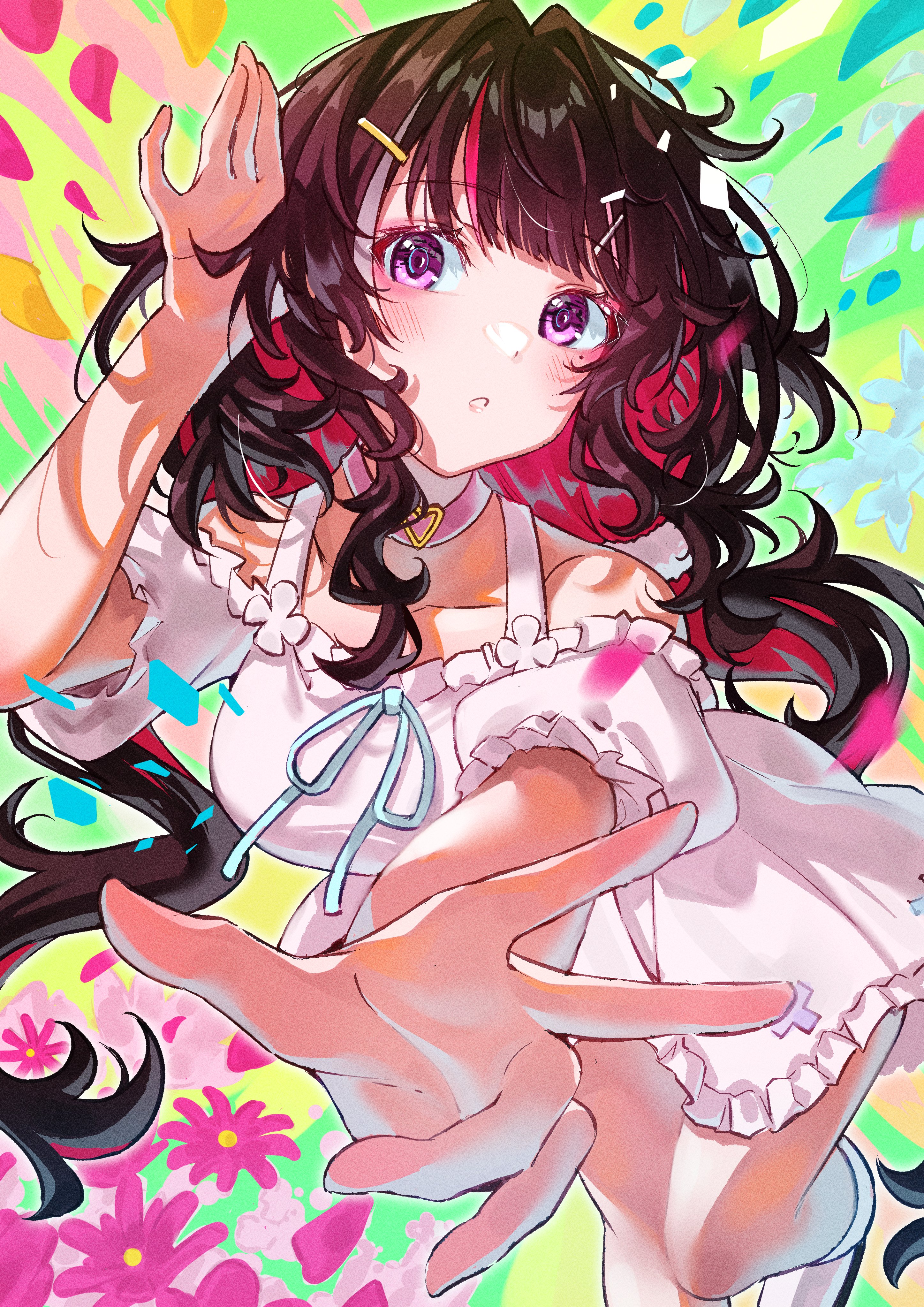 cruzango0510, azki (hololive), hololive, absurdres, highres, 1girl, black hair, blush, breasts, choker, colored inner hair, dress, frills, hair ornament, heart, heart choker, long hair, looking at viewer, mole, mole under eye, multicolored hair, off-shoulder dress, off shoulder, pink choker, pink hair, purple eyes, short sleeves, solo, virtual youtuber, white dress