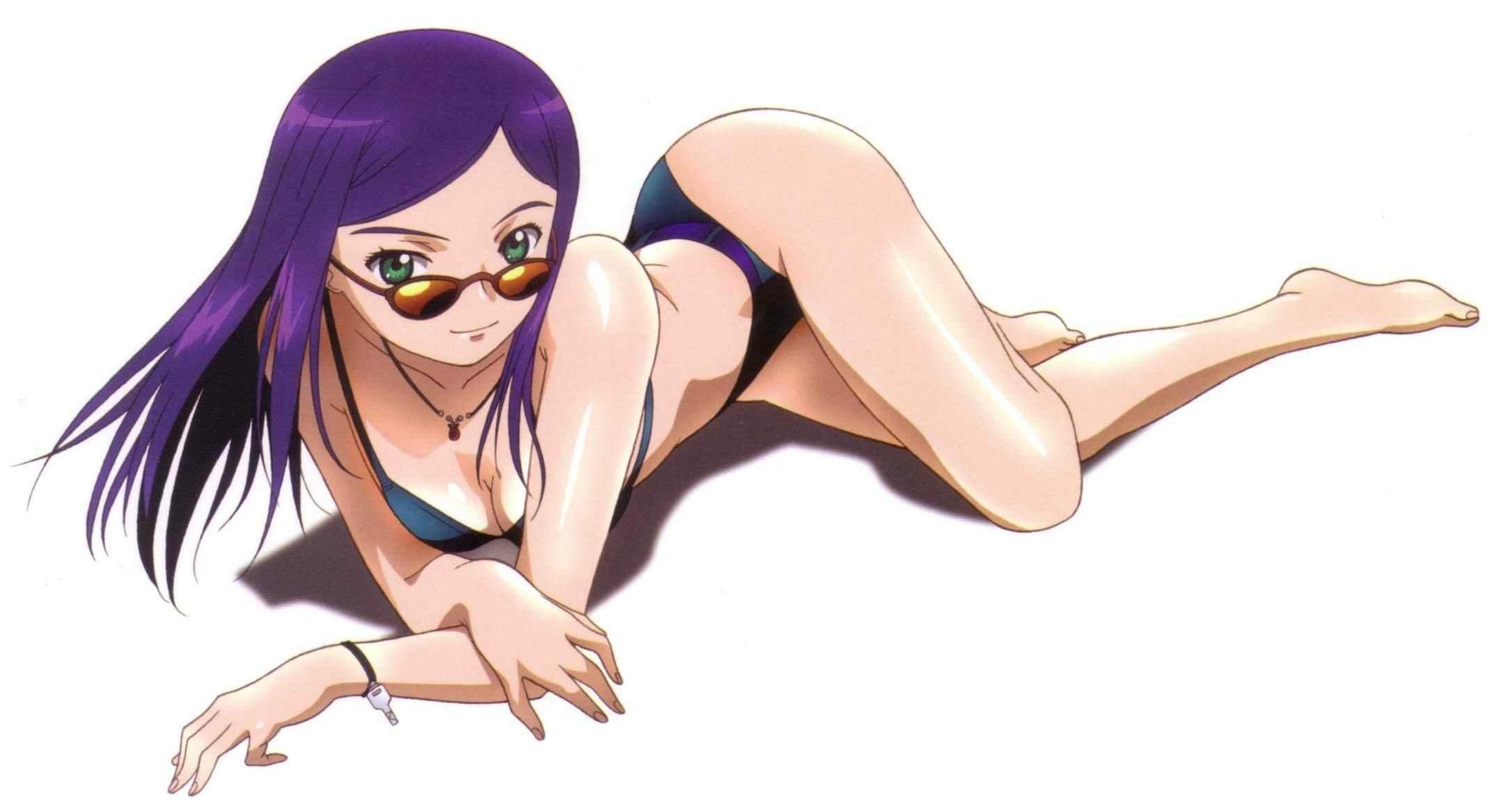 hisayuki hirokazu, kuga natsuki, my-hime, highres, official art, scan, 00s, 1girl, barefoot, belt, bikini, black bikini, bracelet, breasts, cleavage, closed mouth, crossed arms, female focus, from side, full body, green eyes, hip focus, jewelry, key, light smile, long hair, lying, necklace, on side, on stomach, parted bangs, plantar flexion, purple hair, shadow, shiny skin, simple background, smile, solo, swept bangs, swimsuit, white background