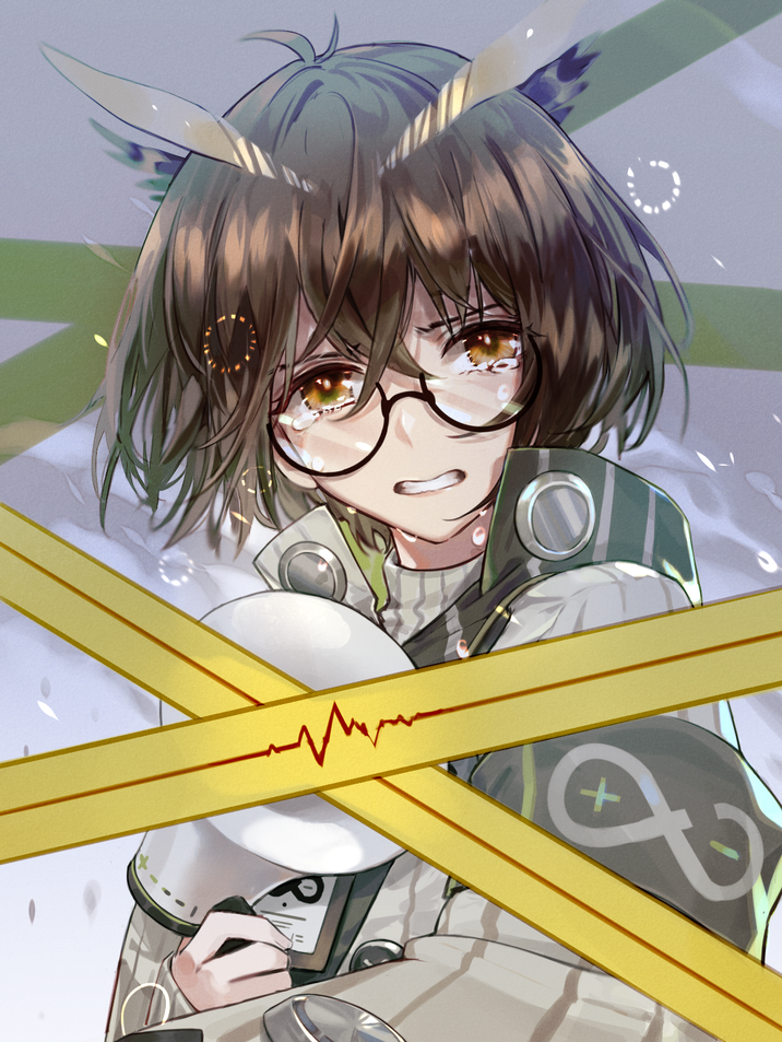 csyday, silence (arknights), arknights, commentary, english commentary, 1girl, ahoge, armband, black-framed eyewear, brown eyes, brown hair, caution tape, clenched teeth, crying, crying with eyes open, feather hair, glasses, grey sweater, hair between eyes, holding, holding megaphone, looking at viewer, megaphone, owl ears, owl girl, rhine lab logo, round eyewear, semi-rimless eyewear, short hair, sidelocks, sleeves past wrists, solo, sweater, tears, teeth, turtleneck, turtleneck sweater, upper body
