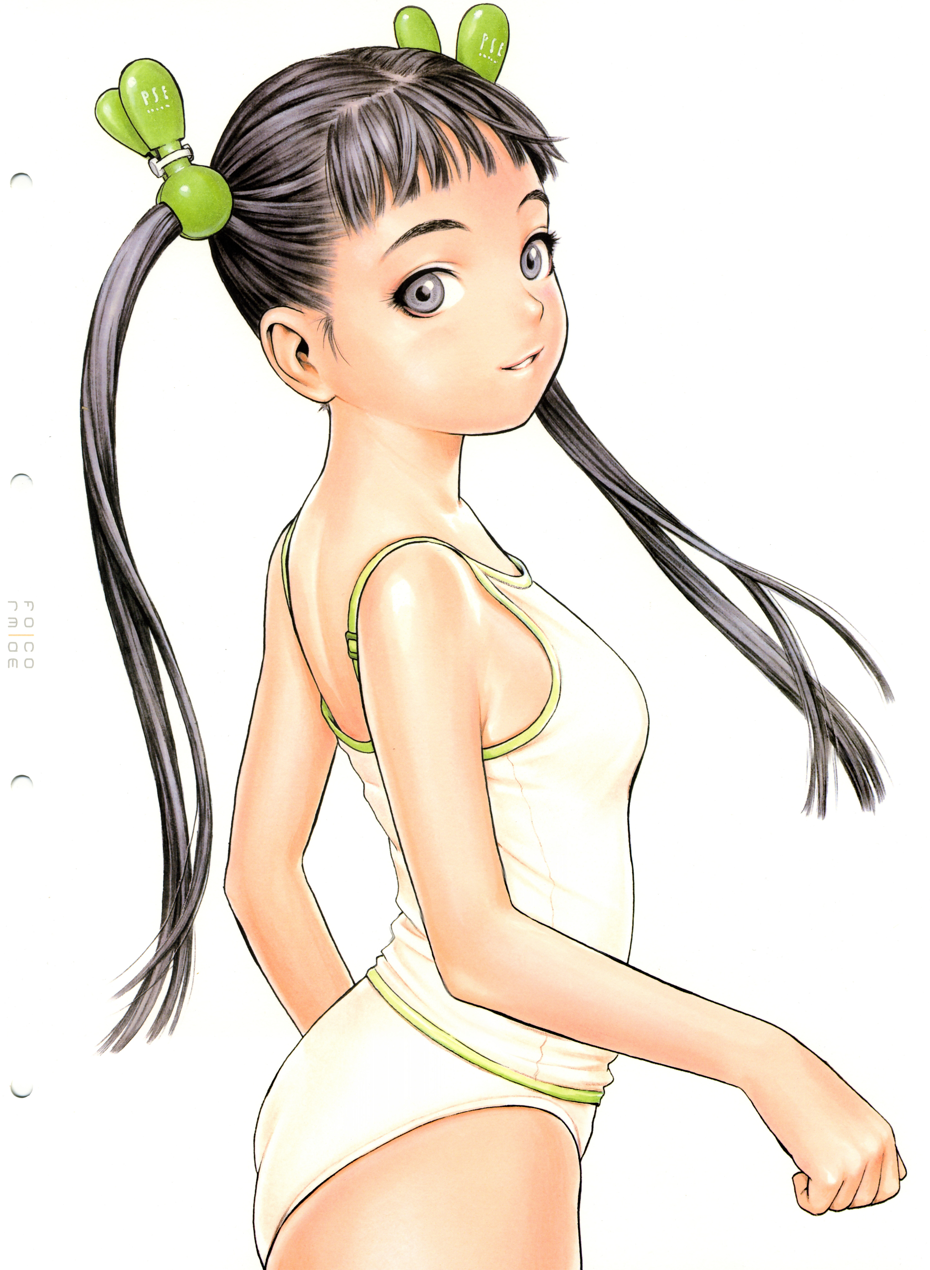 murata range, form code, absurdres, highres, scan, 1girl, ass, black hair, breasts, camisole, female focus, grey eyes, hair ornament, hairclip, lingerie, long hair, looking at viewer, panties, shirt, small breasts, smile, solo, standing, twintails, underwear, white background, white camisole, white panties, white shirt
