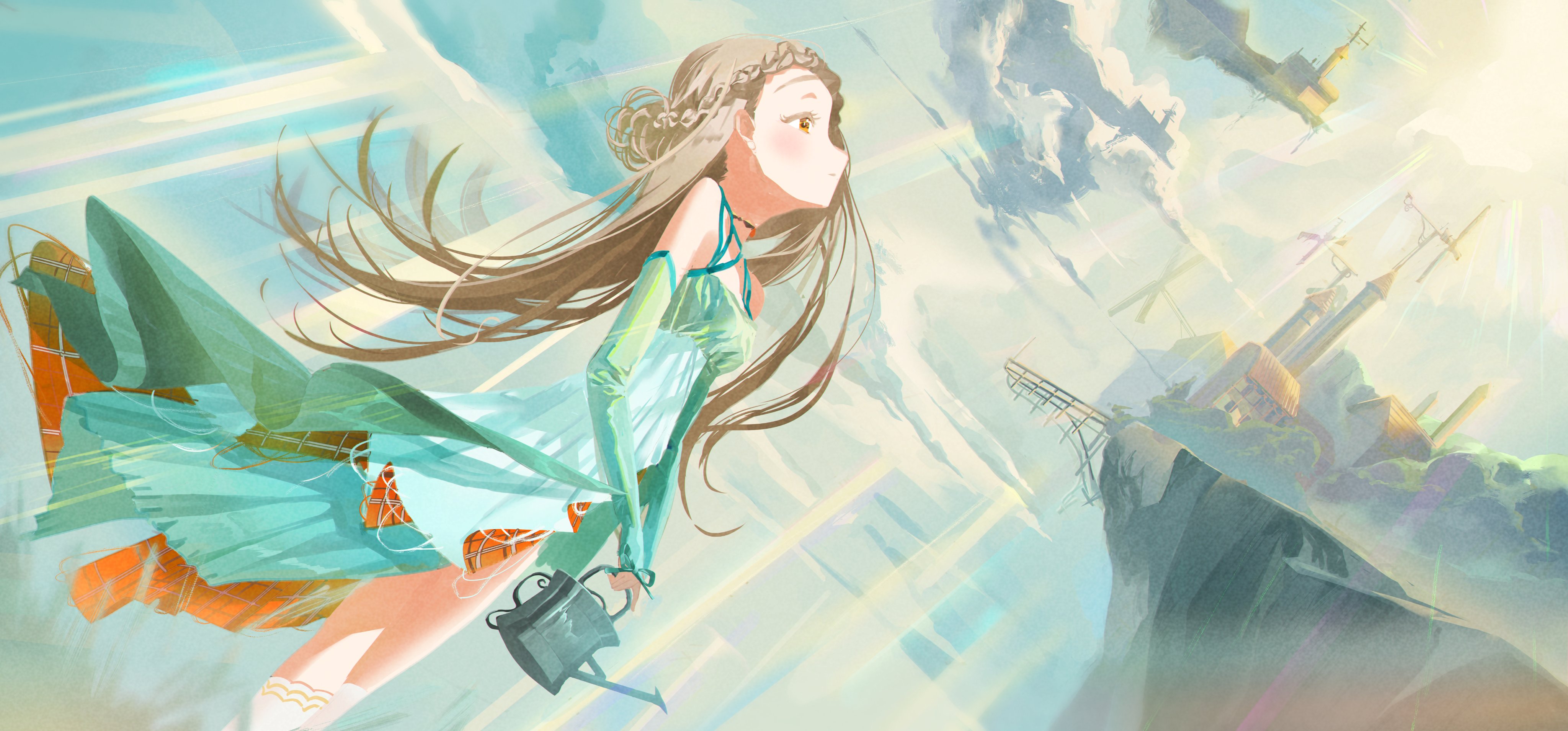 shinosawa hiro, gakuen idolmaster, idolmaster, absurdres, highres, 1girl, braid, brown hair, choker, cloud, detached sleeves, dress, light rays, long hair, sky, solo, superhoikoro, watering can