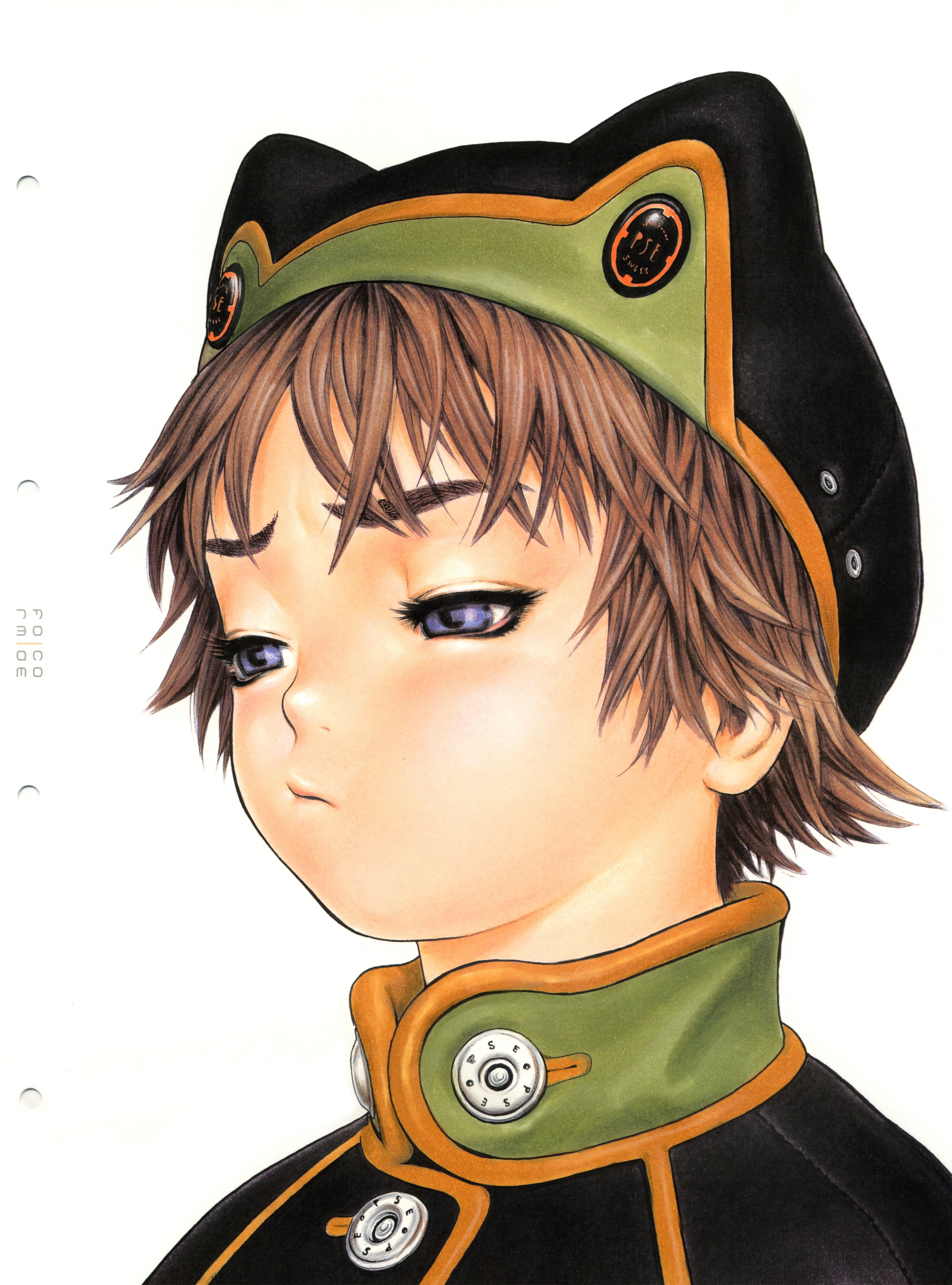 murata range, form code, absurdres, highres, scan, black hat, blue eyes, brown hair, eyelashes, half-closed eyes, hat, portrait, short hair, simple background, solo, turtleneck