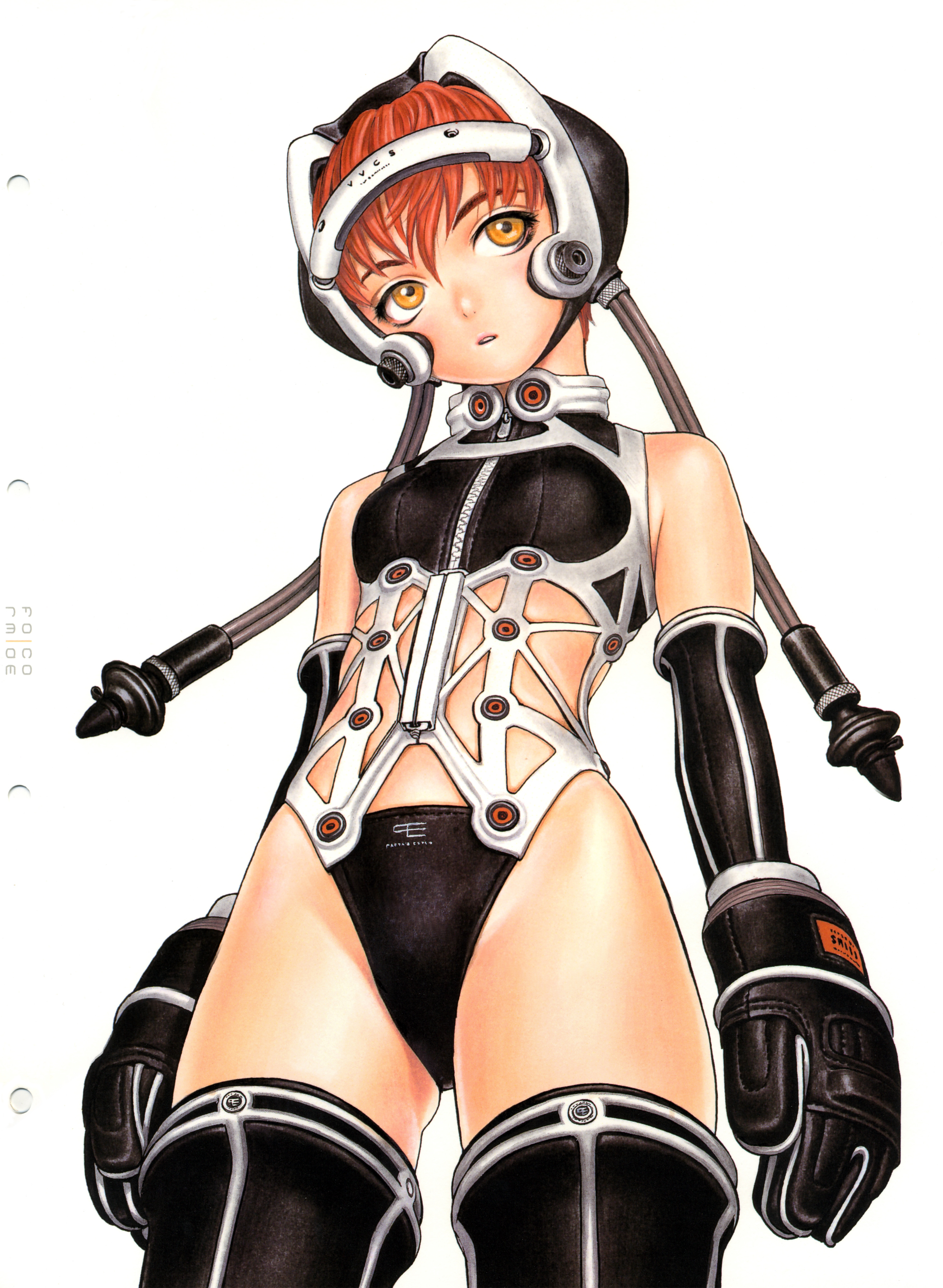 murata range, form code, absurdres, highres, scan, cowboy shot, elbow gloves, flat chest, gloves, orange eyes, red hair, solo, thighhighs