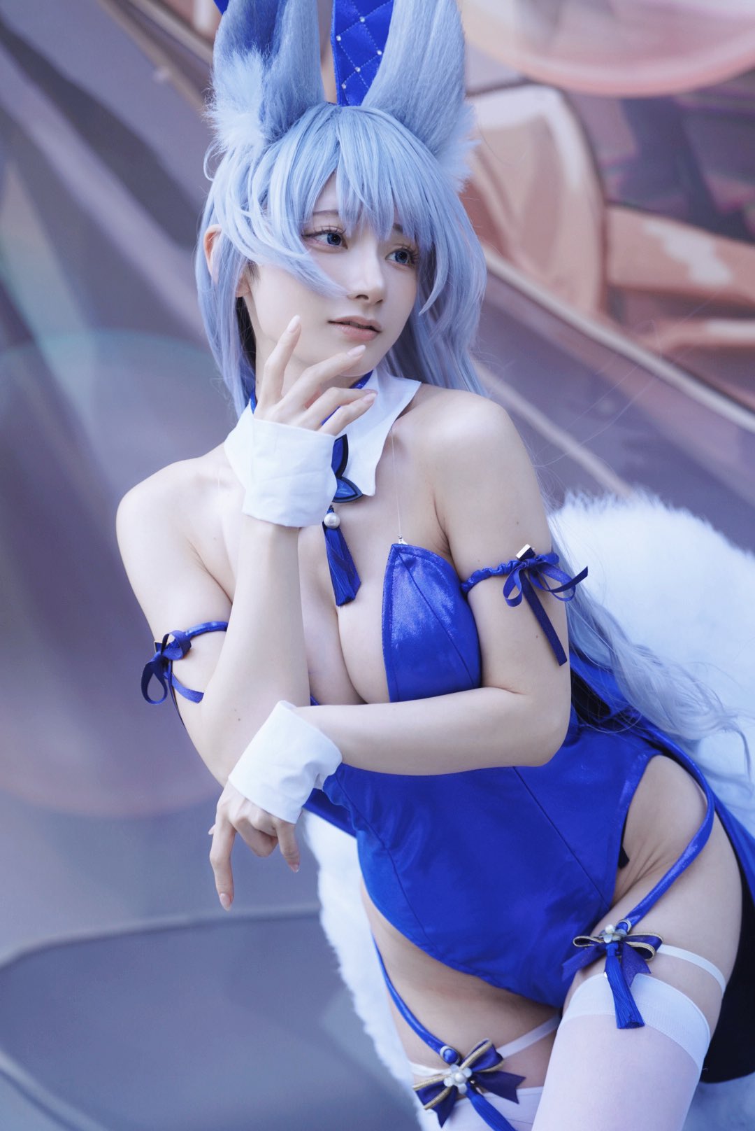 shinano (azur lane), azur lane, photo (medium), 1girl, blue leotard, breasts, cleavage, leotard, playboy bunny, toutomi wo kanjite sakurai