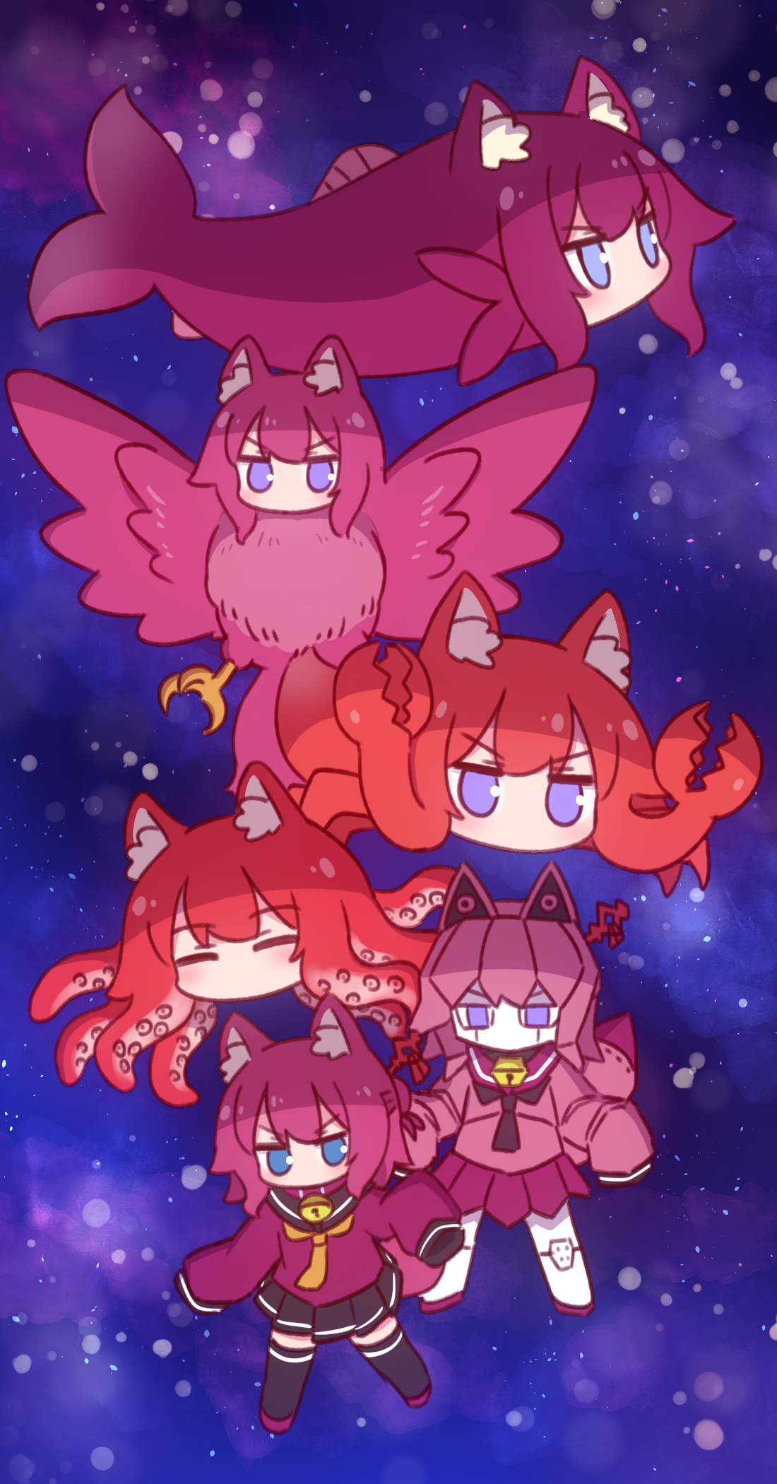 naga u, kemomimi-chan (naga u), original, commentary request, highres, 6+girls, alternate color, animal, animal ear fluff, animal ears, animalization, bell, bird, black sailor collar, black skirt, black thighhighs, blue eyes, closed eyes, collar, crab, fish, fox ears, fox girl, fox tail, hair bun, hair ornament, hair stick, jingle bell, jitome, kemomimi-chan (fish) (naga u), long sleeves, miniskirt, multiple girls, neck bell, no mouth, octopus, pleated skirt, purple collar, purple eyes, purple hair, purple shirt, purple skirt, red hair, robot, sailor collar, sailor shirt, school uniform, serafuku, shirt, short hair, skirt, sleeves past fingers, sleeves past wrists, tail, thighhighs, v-shaped eyebrows