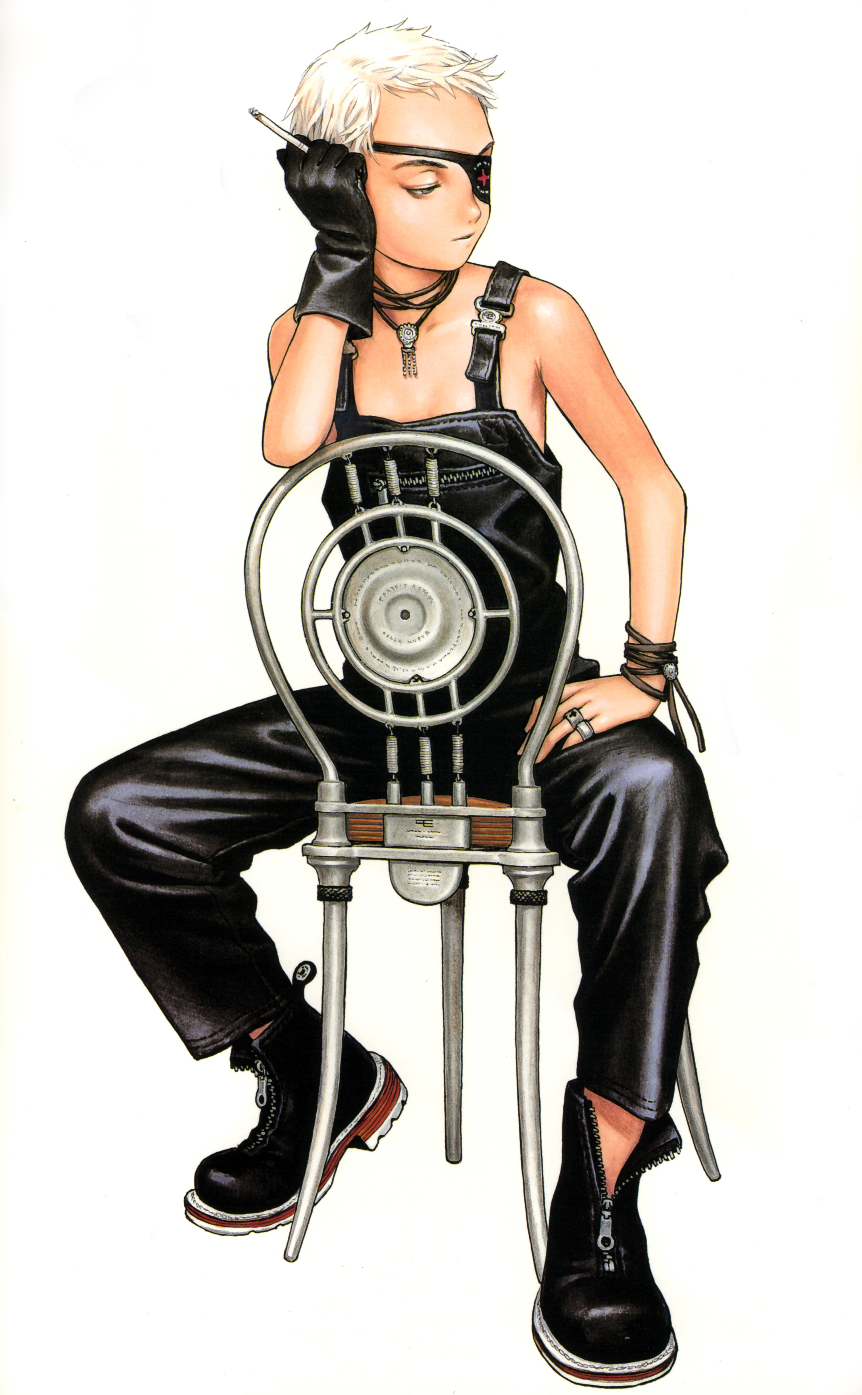 murata range, form code, absurdres, highres, scan, 1girl, androgynous, ankle boots, boots, bracelet, chair, cigarette, eyepatch, female focus, flat chest, full body, gloves, hand on own hip, hip focus, jewelry, naked overalls, necklace, on chair, overalls, reverse trap, ring, short hair, simple background, single glove, sitting, sitting backwards, solo, unzipped, white hair, zipper