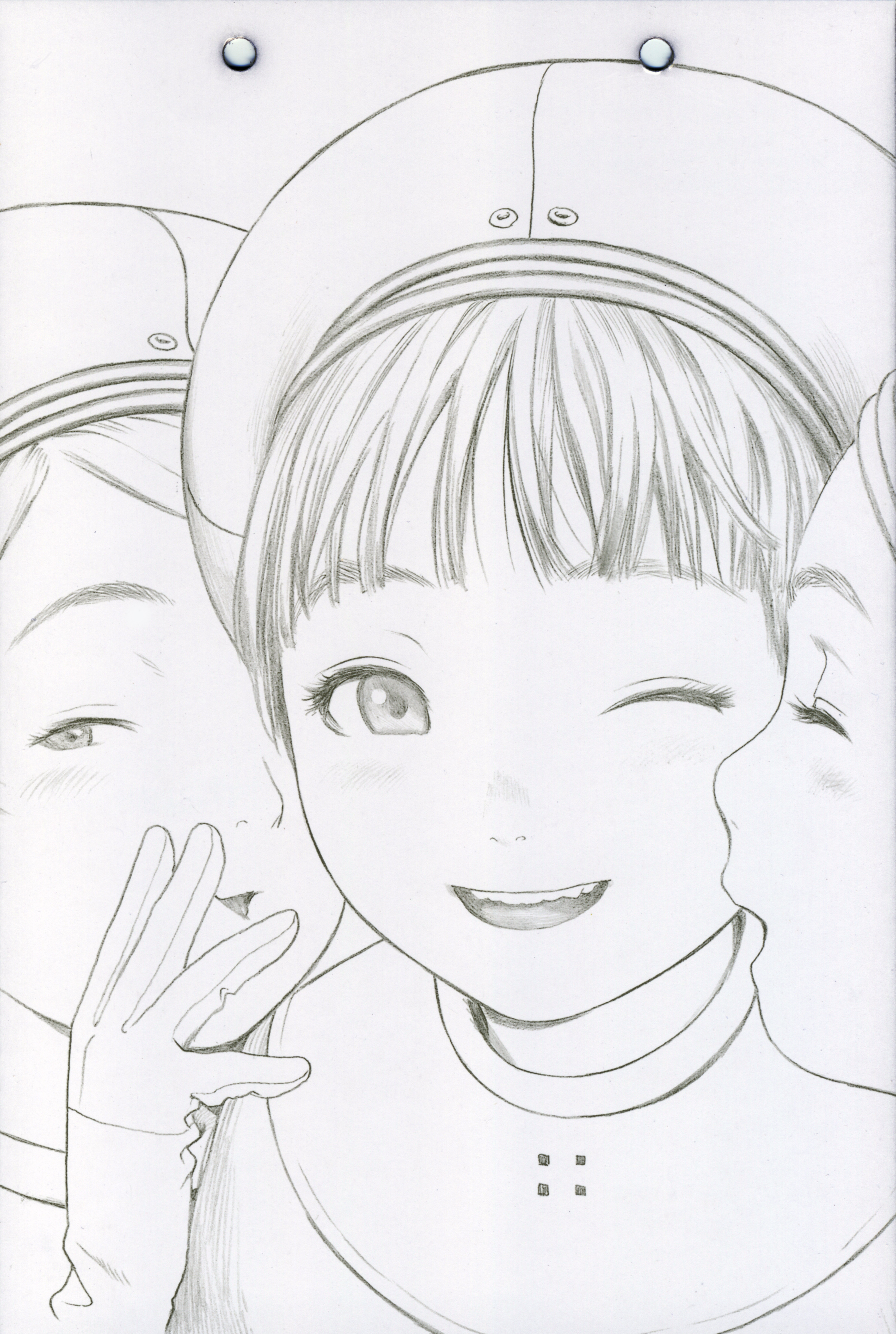 murata range, form code, absurdres, highres, scan, 3girls, gloves, greyscale, monochrome, multiple girls, one eye closed, sketch, wink
