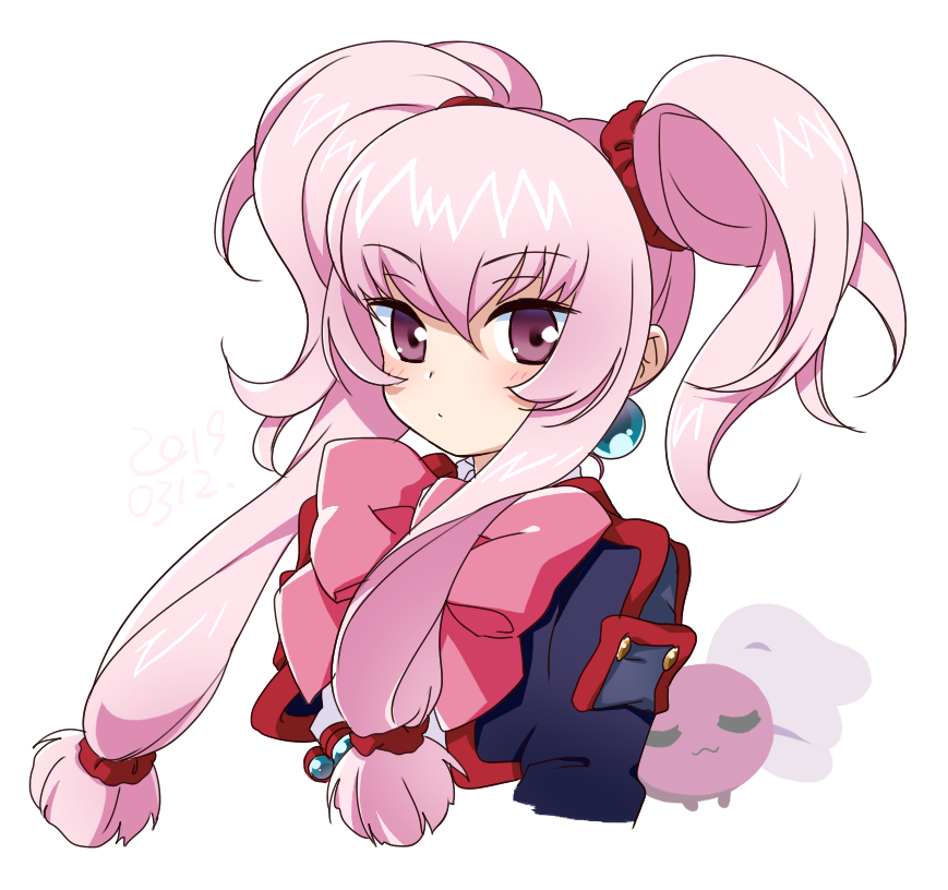 illi44, ootorii tsubame, akihabara dennou gumi, 1girl, bow, earrings, jewelry, long hair, low-tied sidelocks, patapi (creature), purple eyes, school uniform, sidelocks, sphere earrings, twintails, white hair